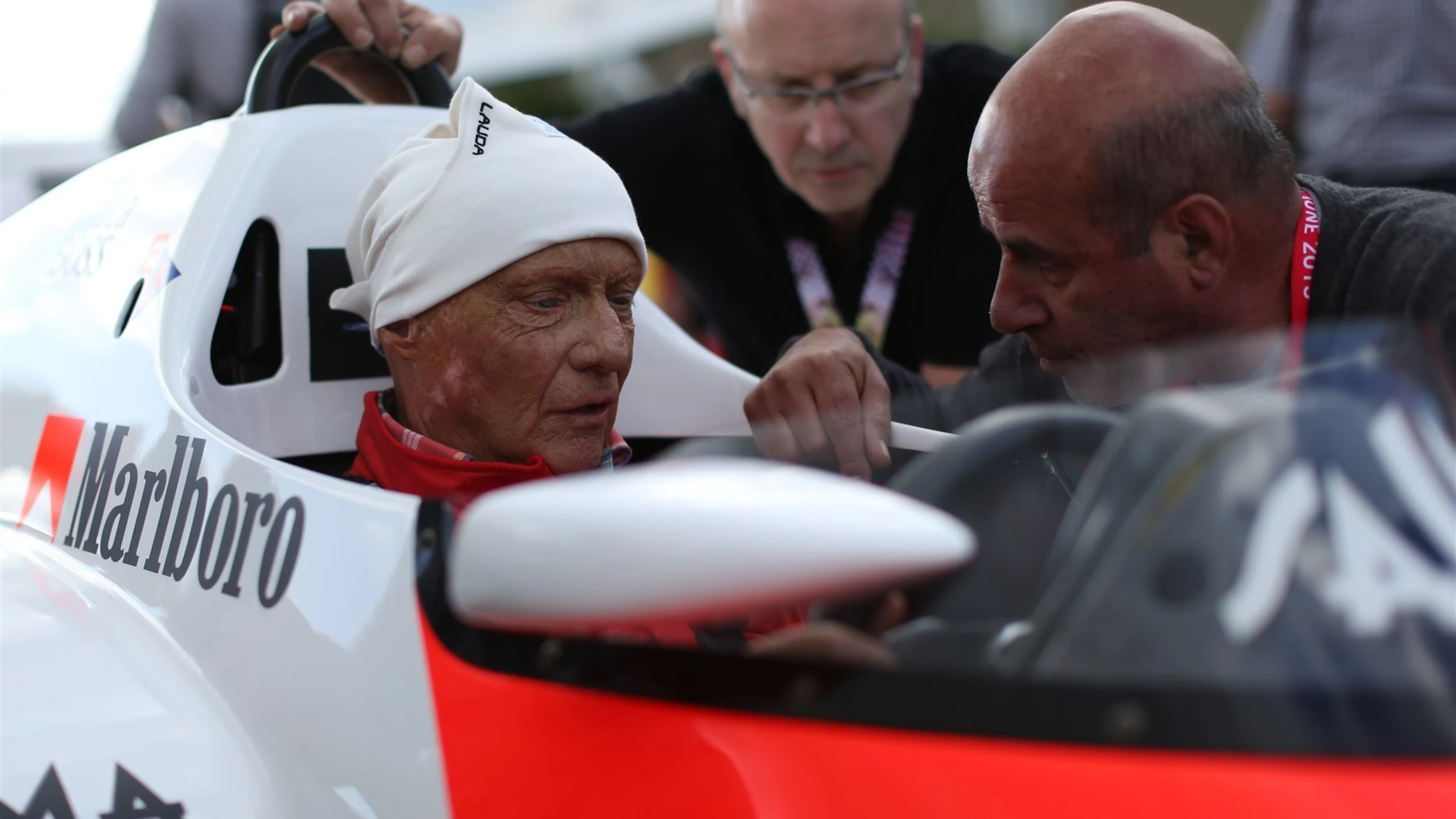 Niki Lauda (AUT) McLaren MP4-2 at the Legends Parade at Formula One World Championship, Rd8,