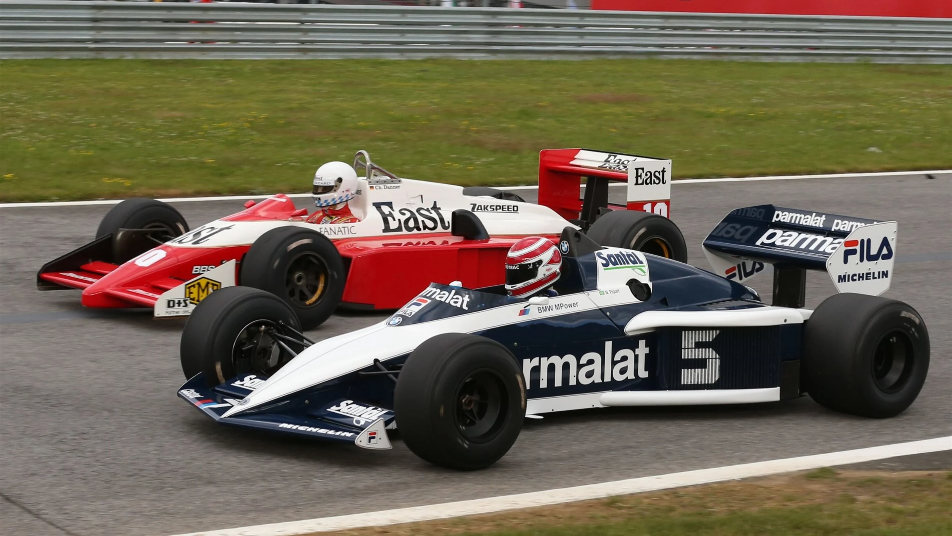 Nelson Piquet (BRA) Brabham BT52B and Christian Danner (GER) Zakspeed at the Legends Parade at