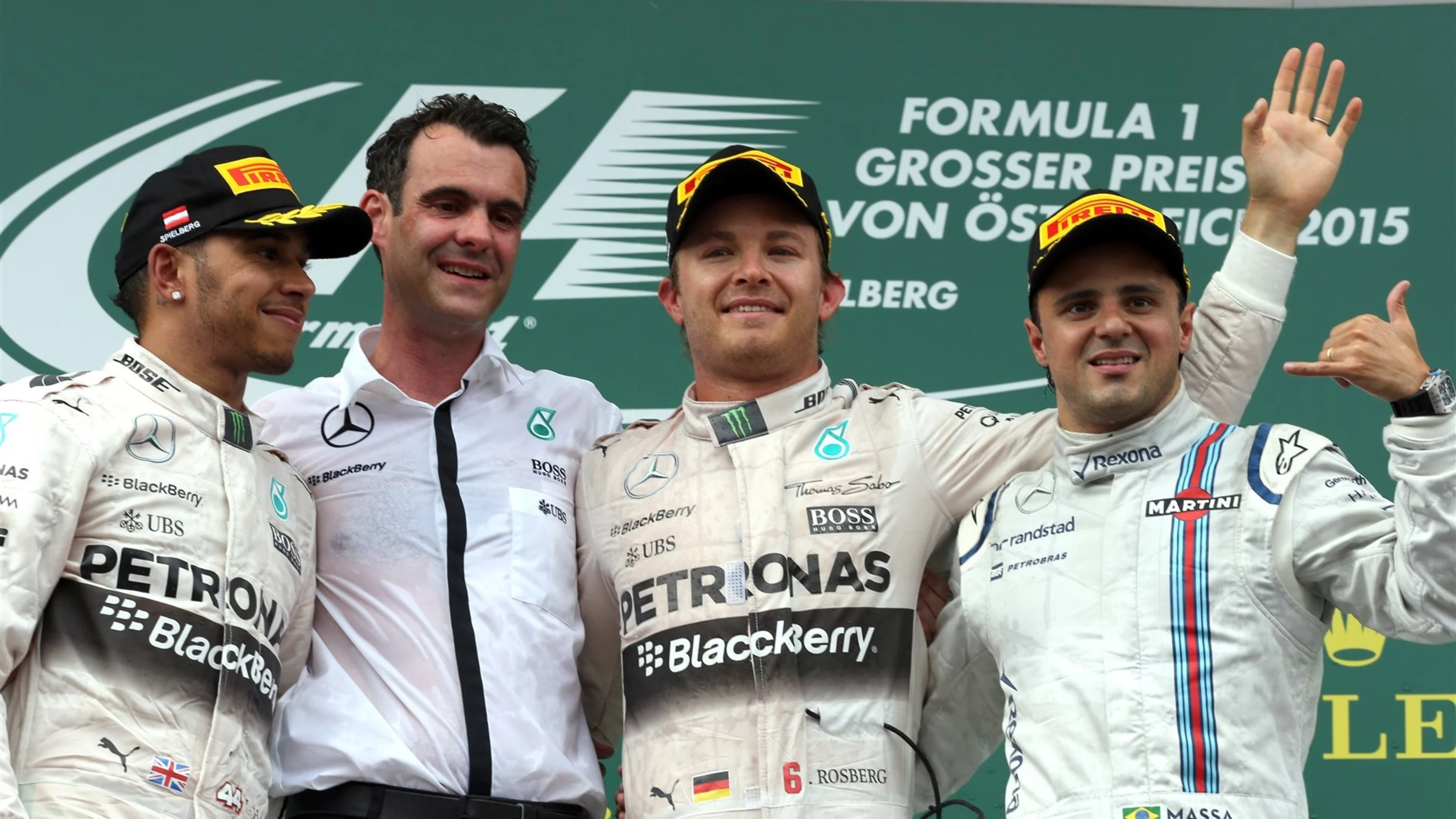 (L to R): Lewis Hamilton (GBR) Mercedes AMG F1, race winner Nico Rosberg (GER) Mercedes AMG F1 and