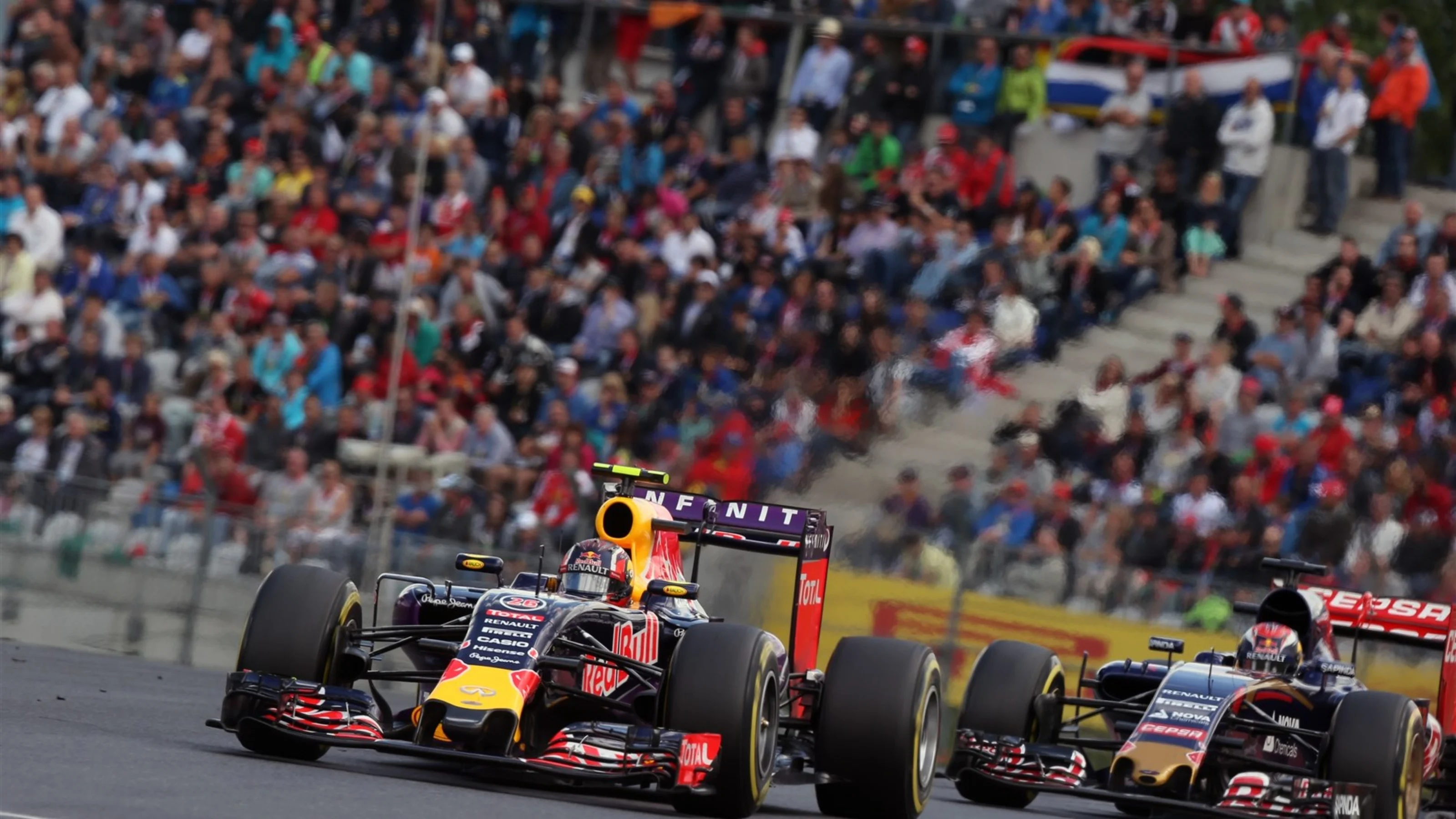 Daniil Kvyat (RUS) Red Bull Racing RB11 leads Max Verstappen (NDL) Scuderia Toro Rosso STR10 at
