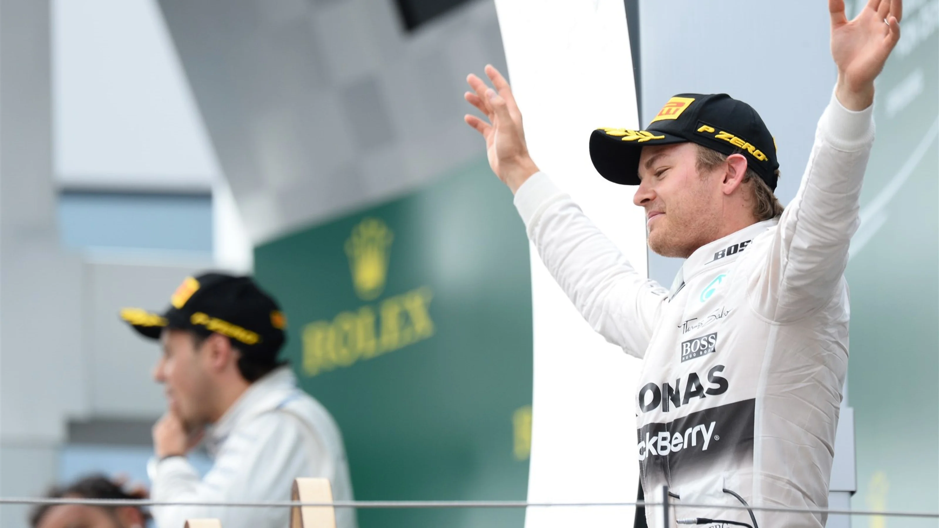 Race winner Nico Rosberg (GER) Mercedes AMG F1 celebrates on the podium at Formula One World