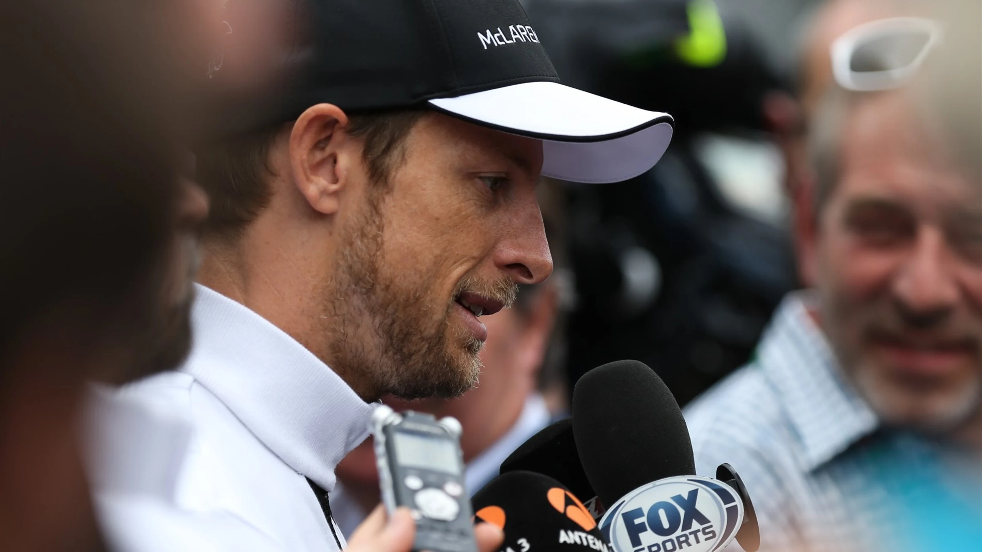 Jenson Button (GBR) McLaren talks with the media at Formula One World Championship, Rd8, Austrian