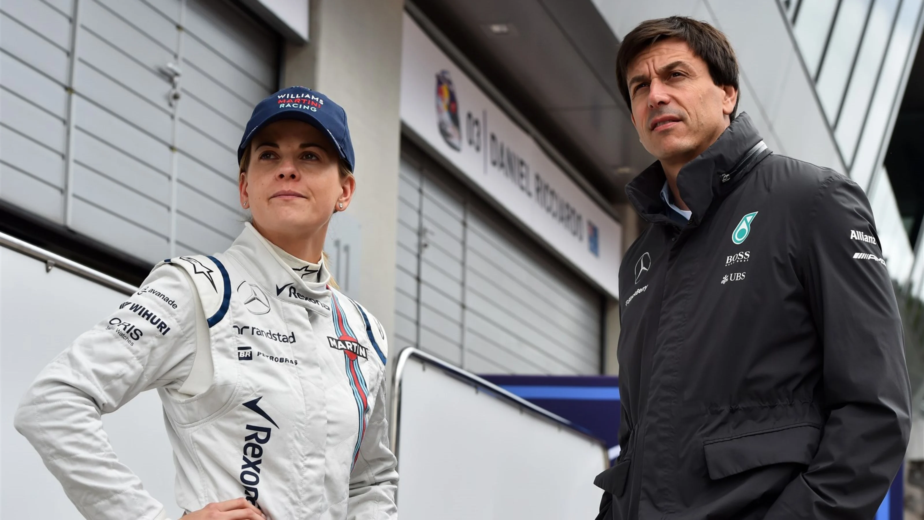 Susie Wolff (GBR) Williams Test and Development Driver and Toto Wolff (AUT) Mercedes AMG F1