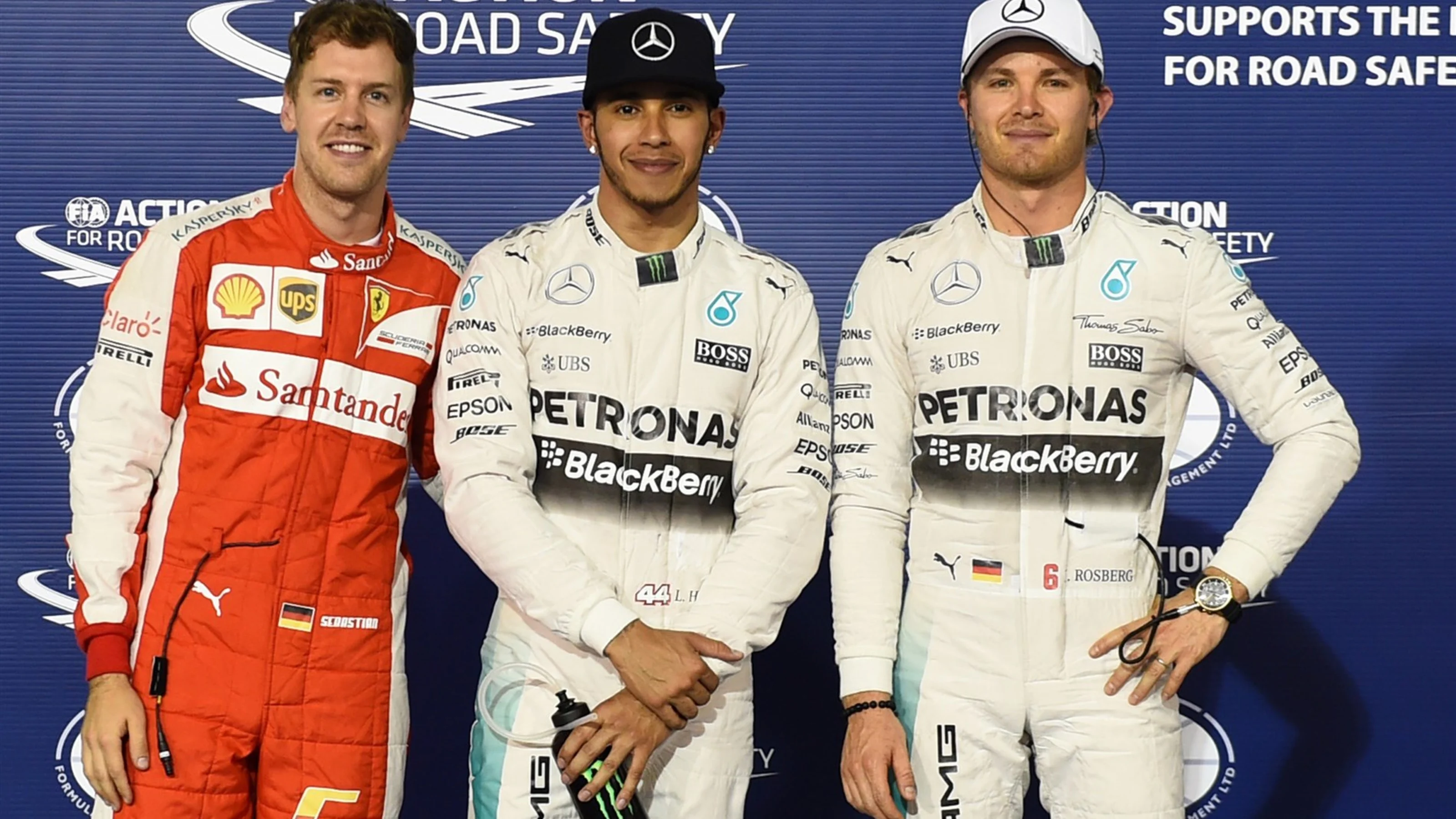 (L to R): Sebastian Vettel (GER) Ferrari, pole sitter Lewis Hamilton (GBR) Mercedes AMG F1 and Nico