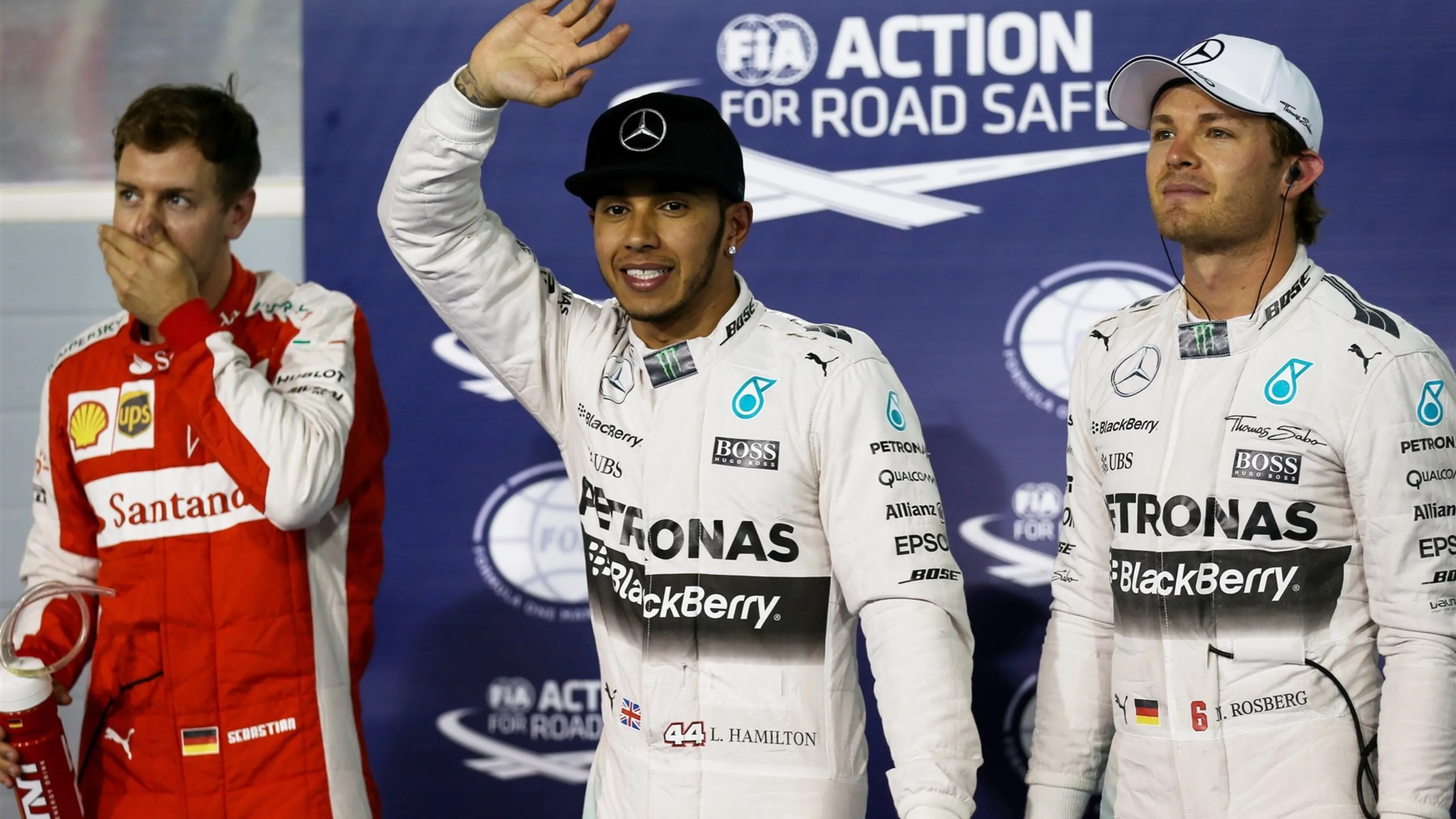 (L to R): Sebastian Vettel (GER) Ferrari, pole sitter Lewis Hamilton (GBR) Mercedes AMG F1 and Nico