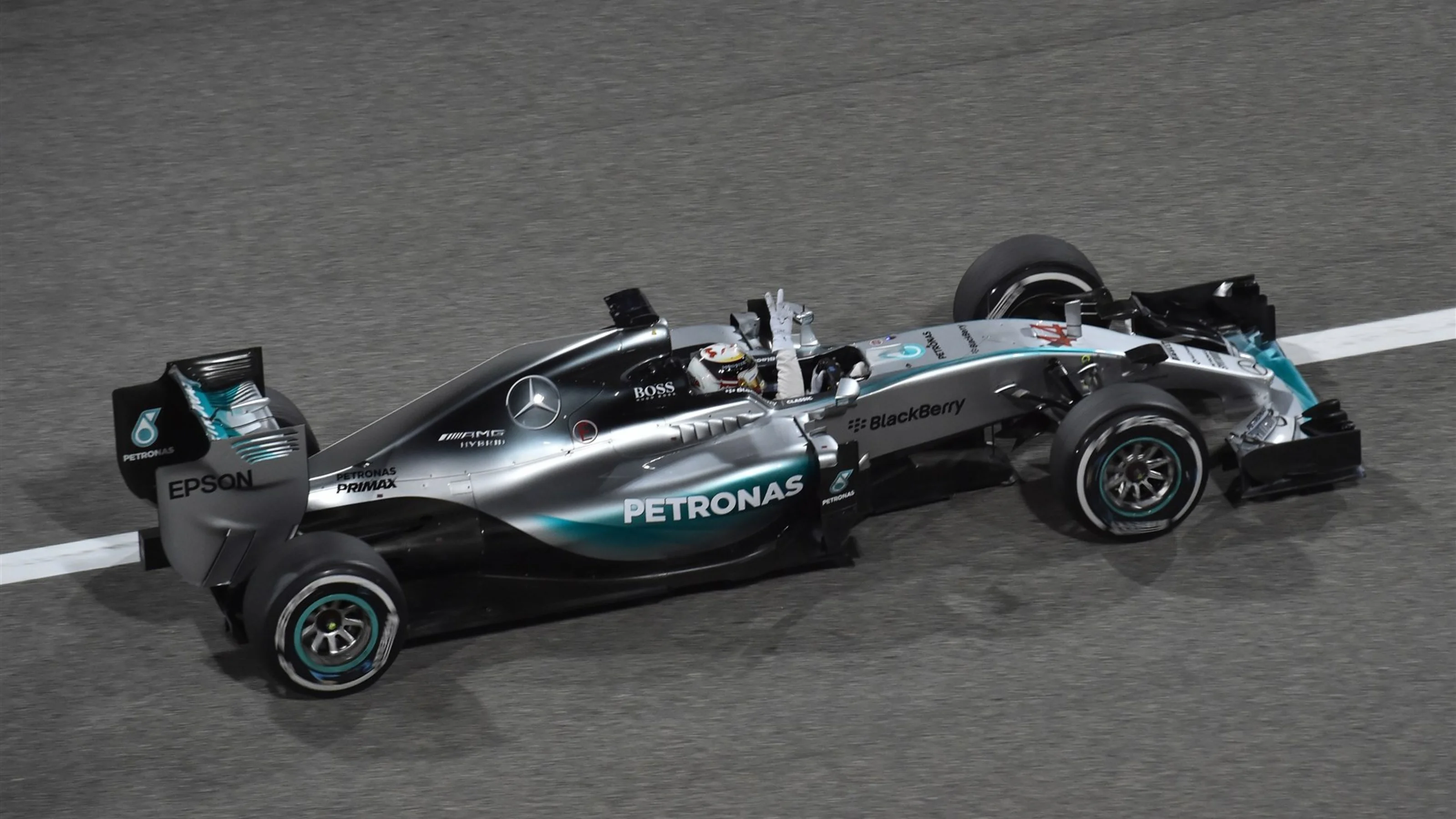 Lewis Hamilton (GBR) Mercedes AMG F1 W06 celebrates winning at Formula One World Championship, Rd4,
