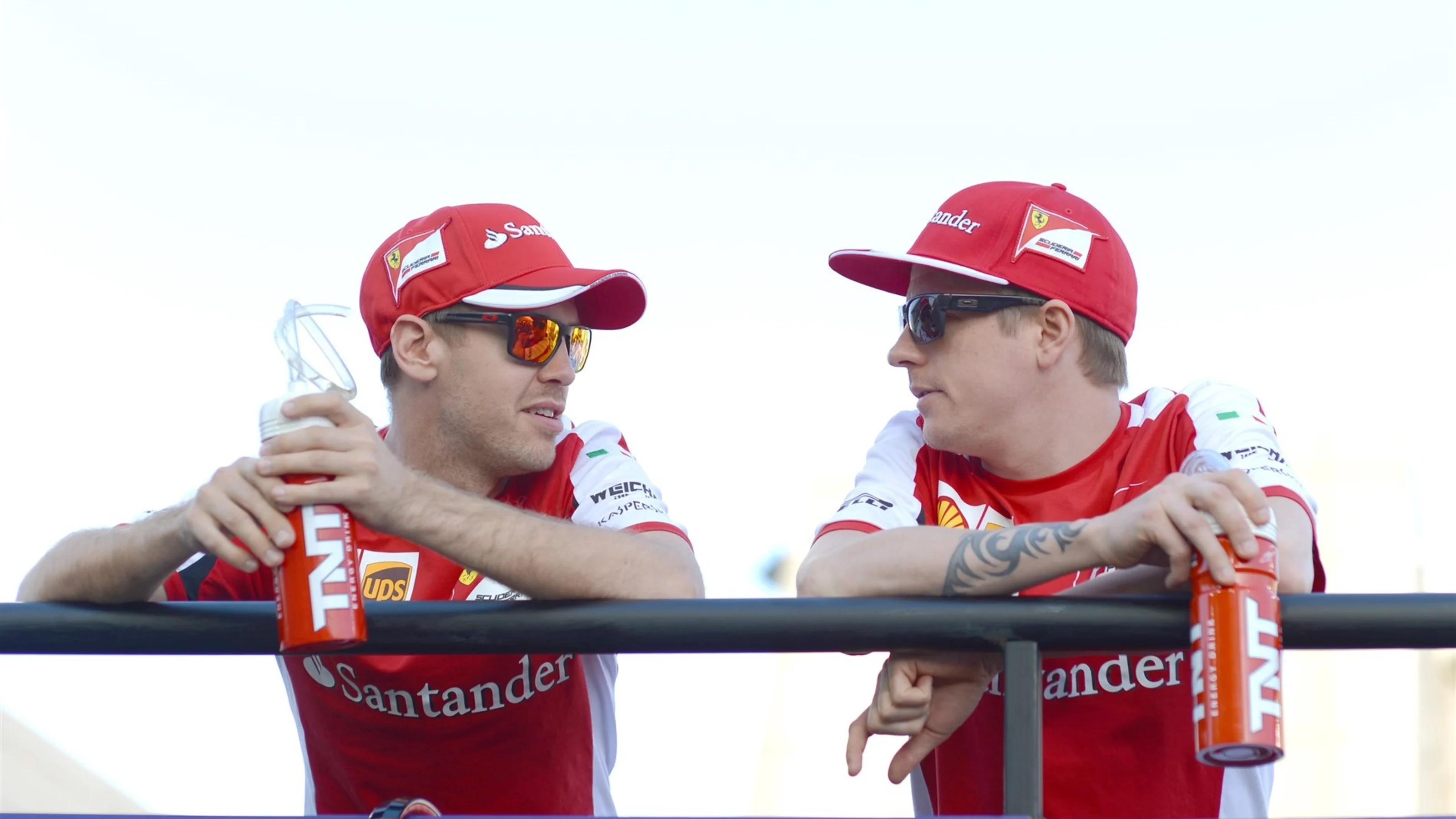 Sebastian Vettel (GER) Ferrari and Kimi Raikkonen (FIN) Ferrari during the drivers parade at