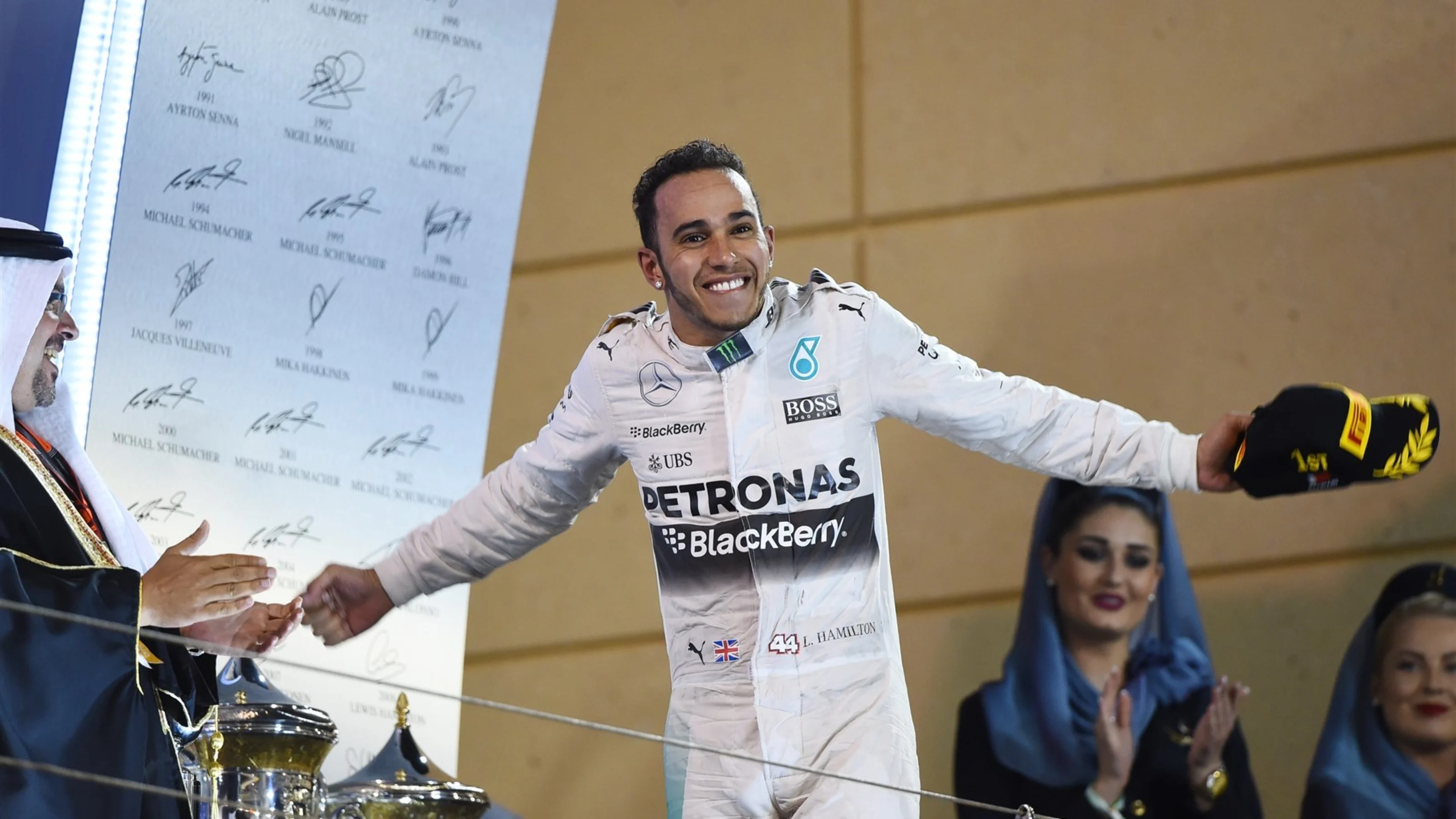 Lewis Hamilton (GBR) Mercedes AMG F1 celebrates on the podium at Formula One World Championship,