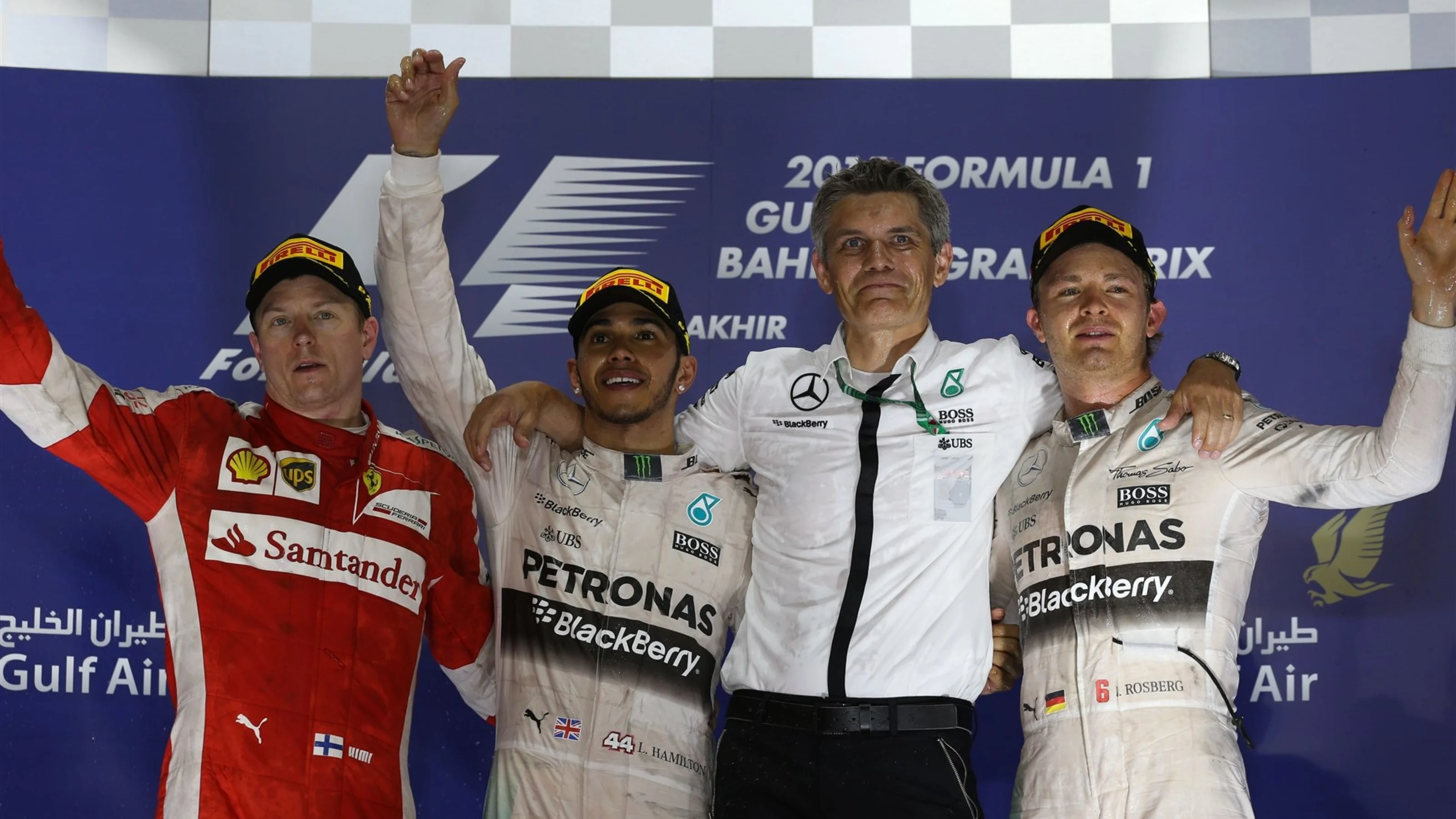 (L to R): Kimi Raikkonen (FIN) Ferrari, race winner Lewis Hamilton (GBR) Mercedes AMG F1 and Nico