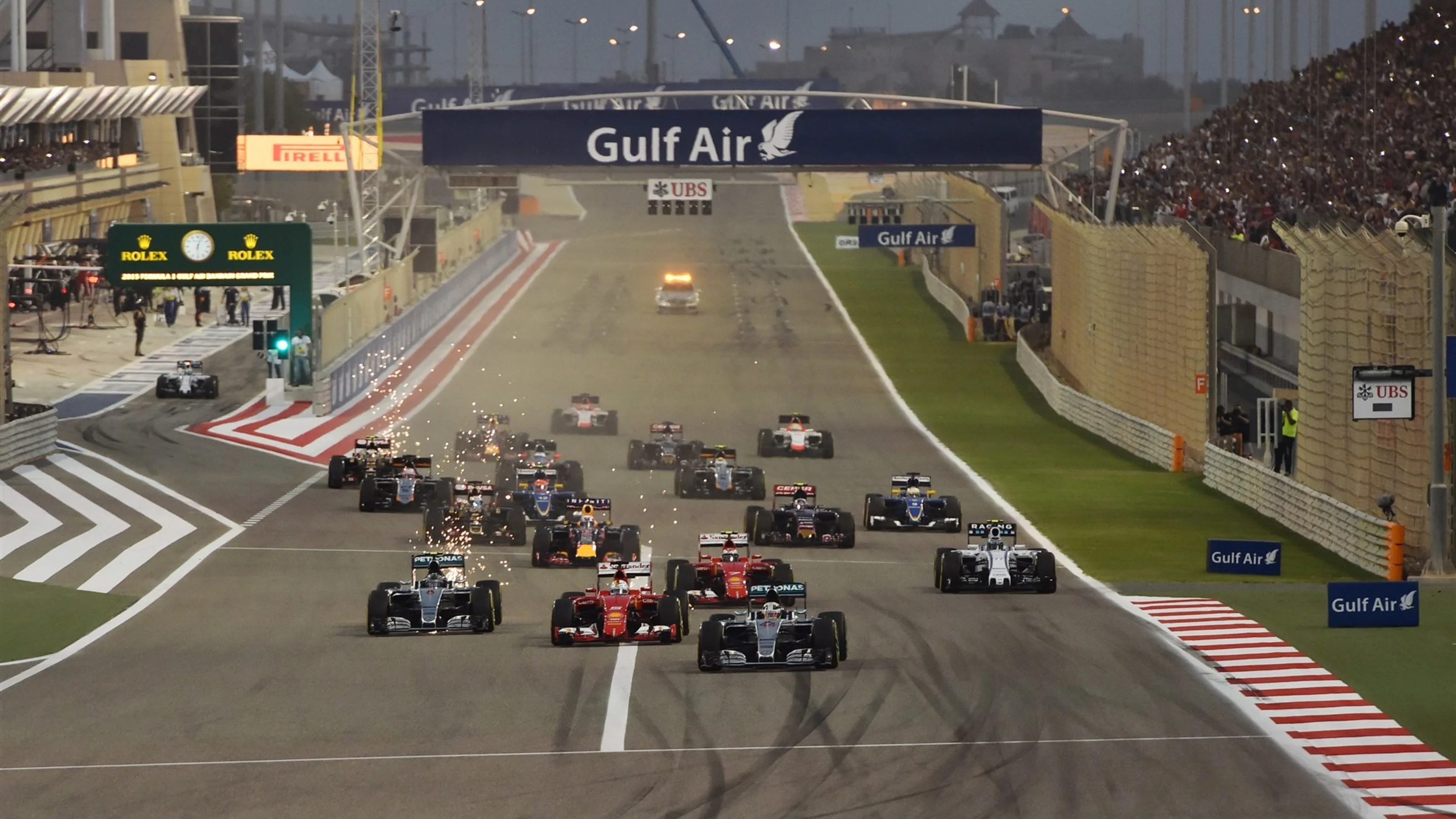 Lewis Hamilton (GBR) Mercedes AMG F1 W06 leads at the start of the race at Formula One World
