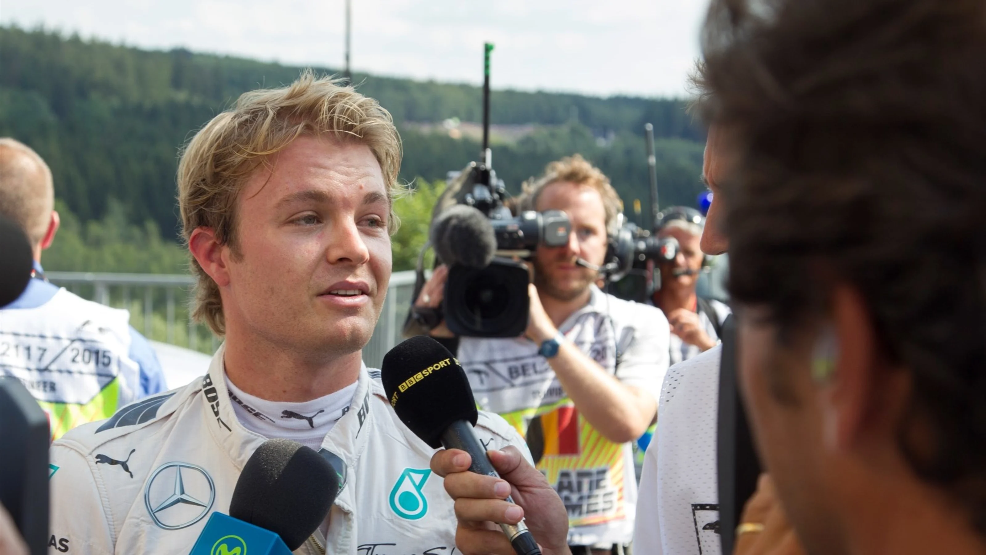 Nico Rosberg (GER) Mercedes AMG F1 W06 talks to the press after suffering a Pirelli tyre blow out