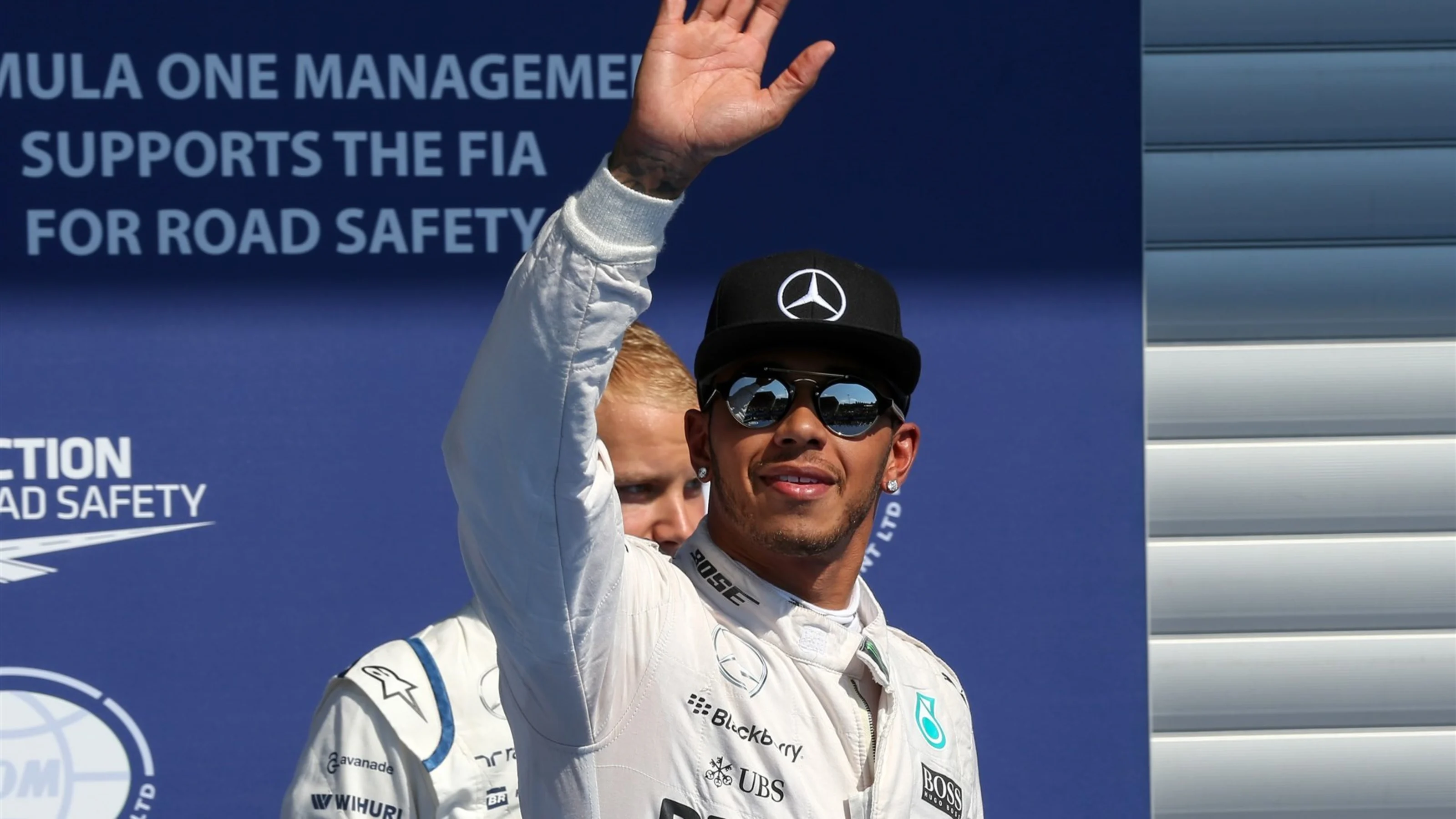 Pole sitter Lewis Hamilton (GBR) Mercedes AMG F1 celebrates in parc ferme at Formula One World