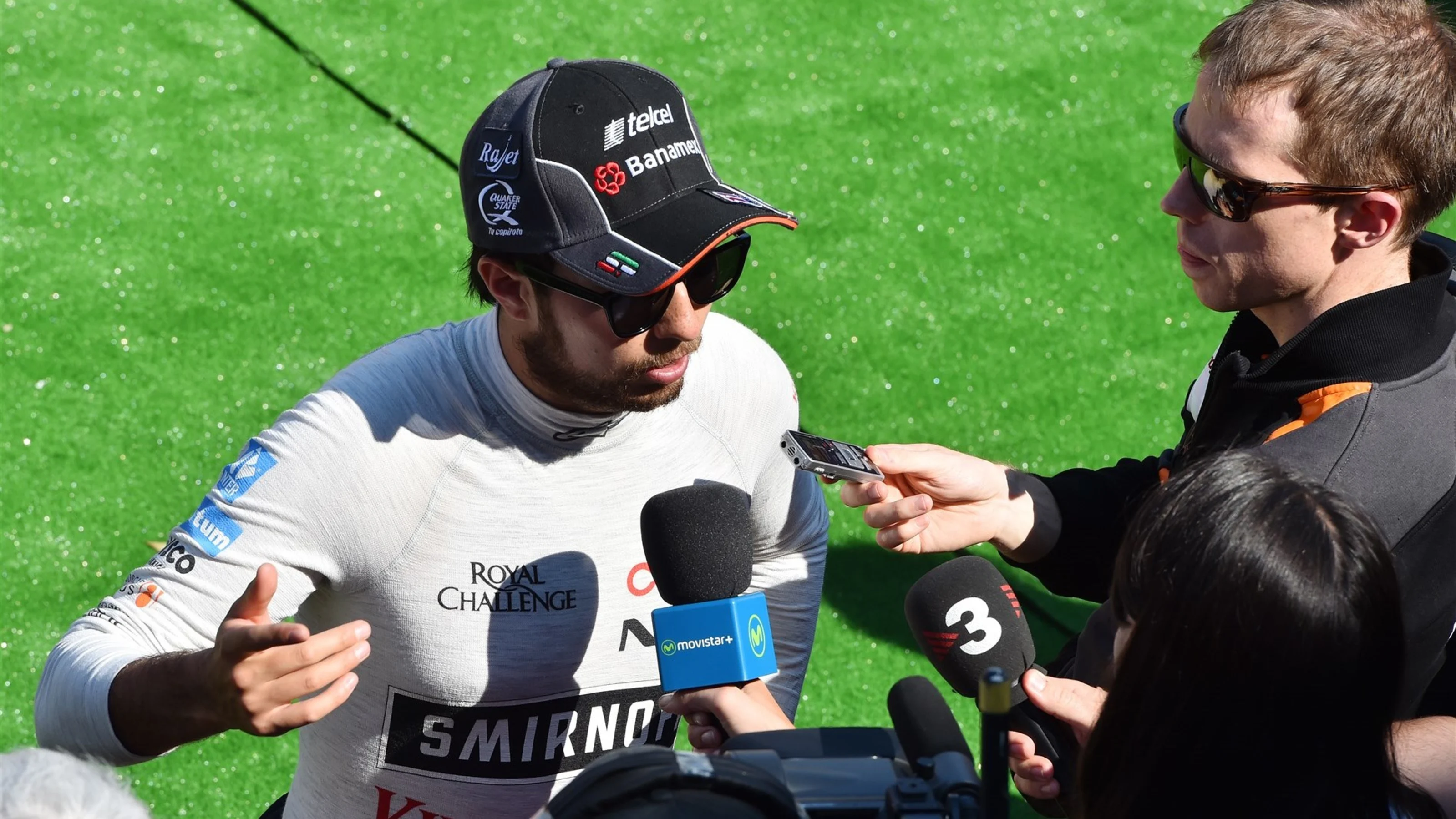 Sergio Perez (MEX) Force India talks to the media at Formula One World Championship, Rd11, Belgian