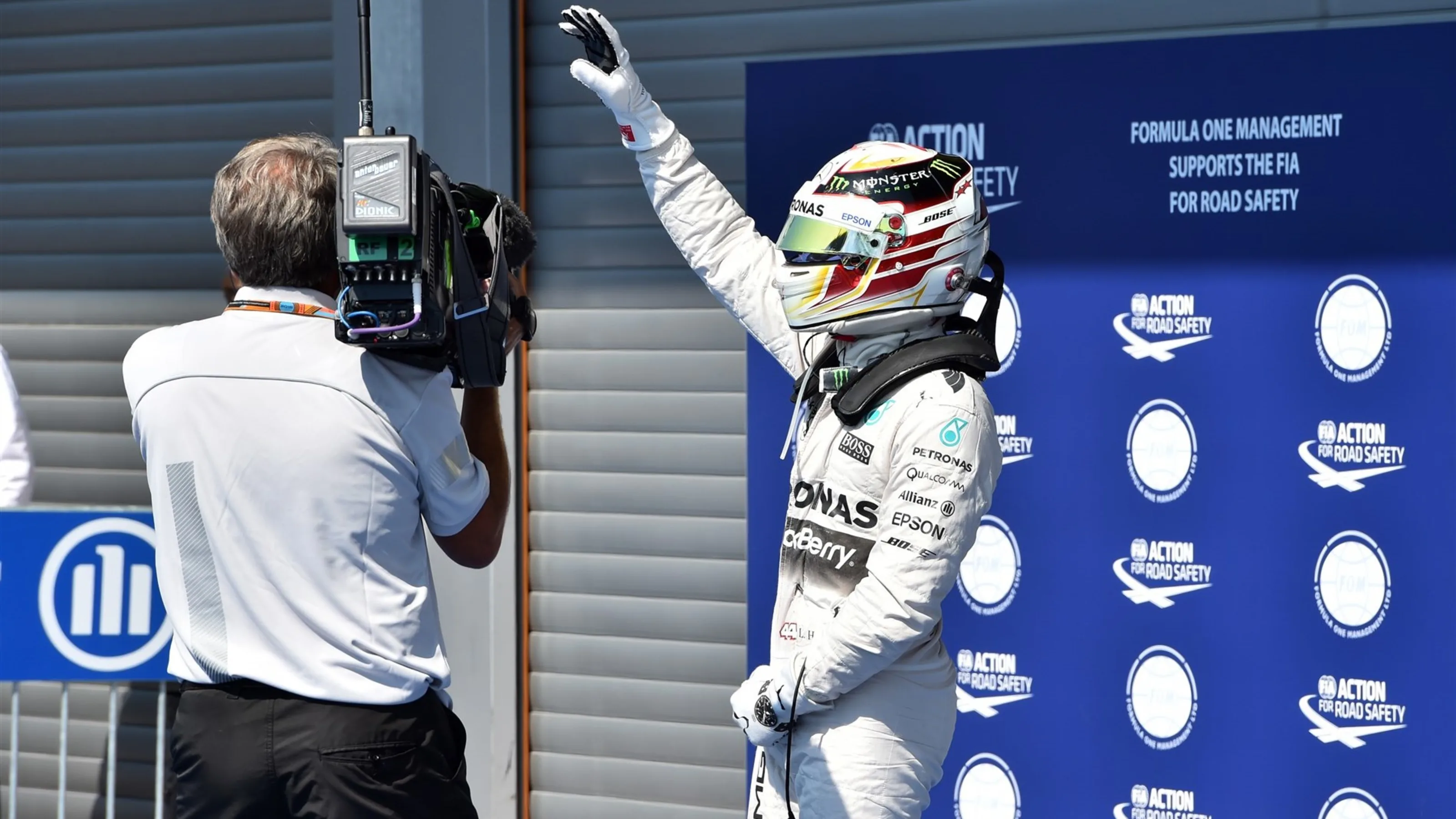 Pole sitter Lewis Hamilton (GBR) Mercedes AMG F1 celebrates in parc ferme at Formula One World