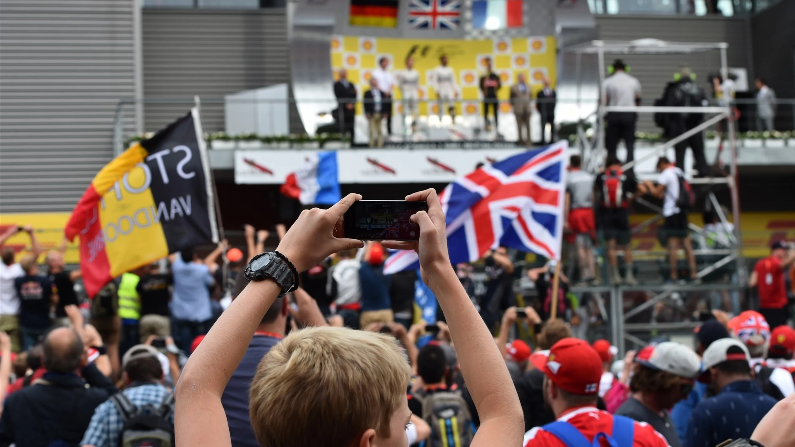 Fans and podium celebrations at Formula One World Championship, Rd11, Belgian Grand Prix, Race, Spa