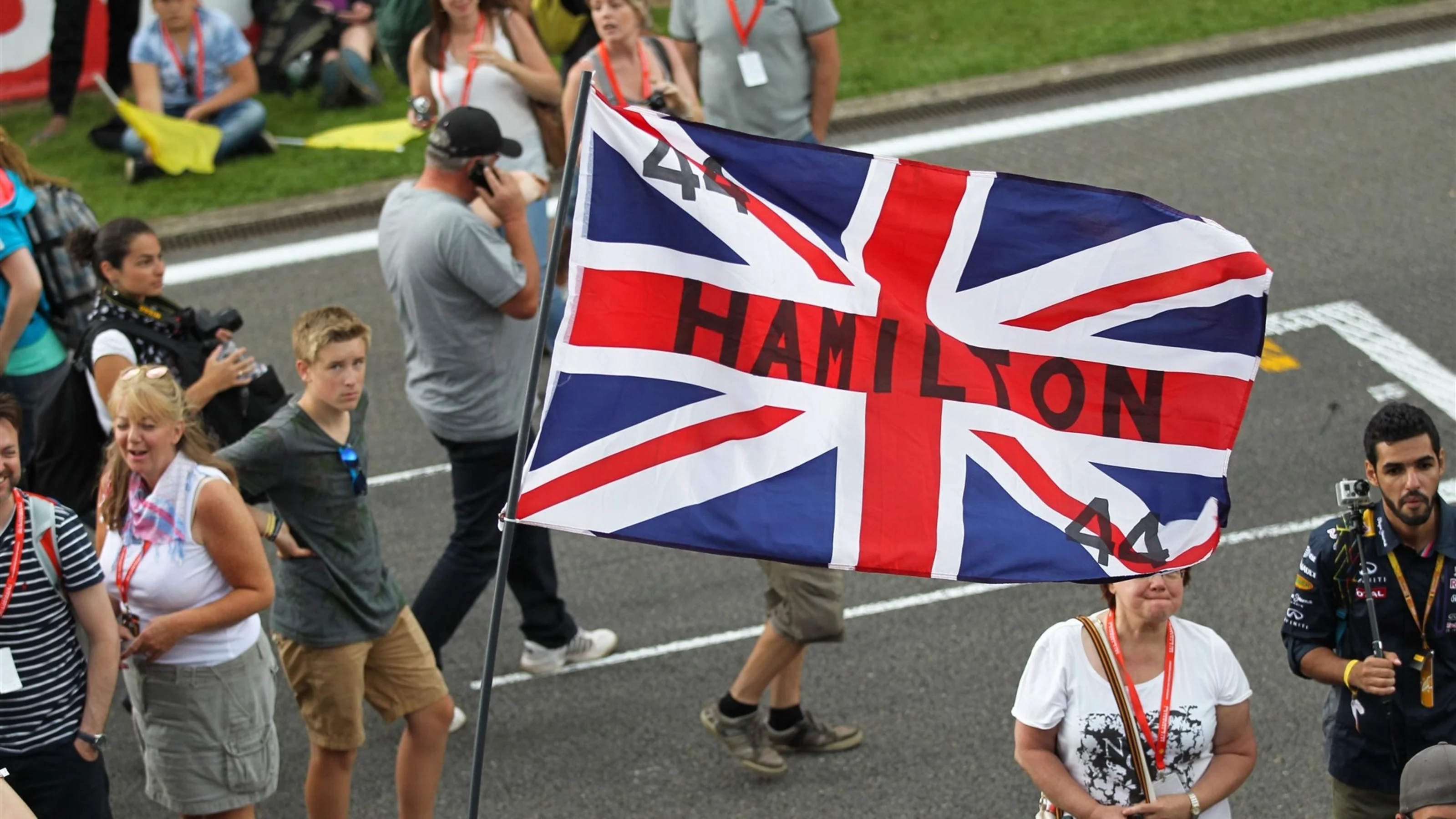 Lewis Hamilton (GBR) Mercedes AMG F1 fans and Union flag at Formula One World Championship, Rd11,