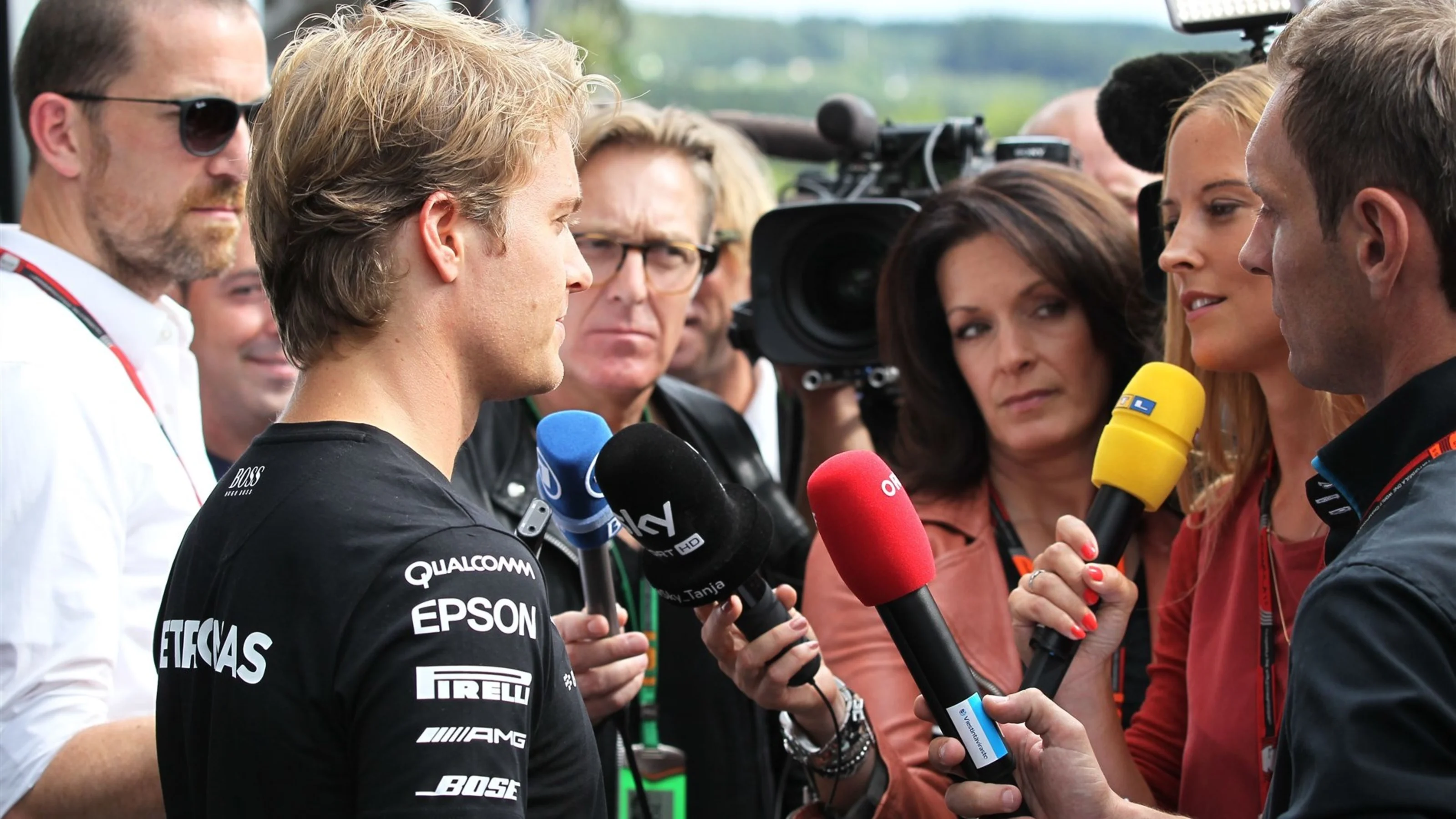Nico Rosberg (GER) Mercedes AMG F1 talks to the media at Formula One World Championship, Rd11,