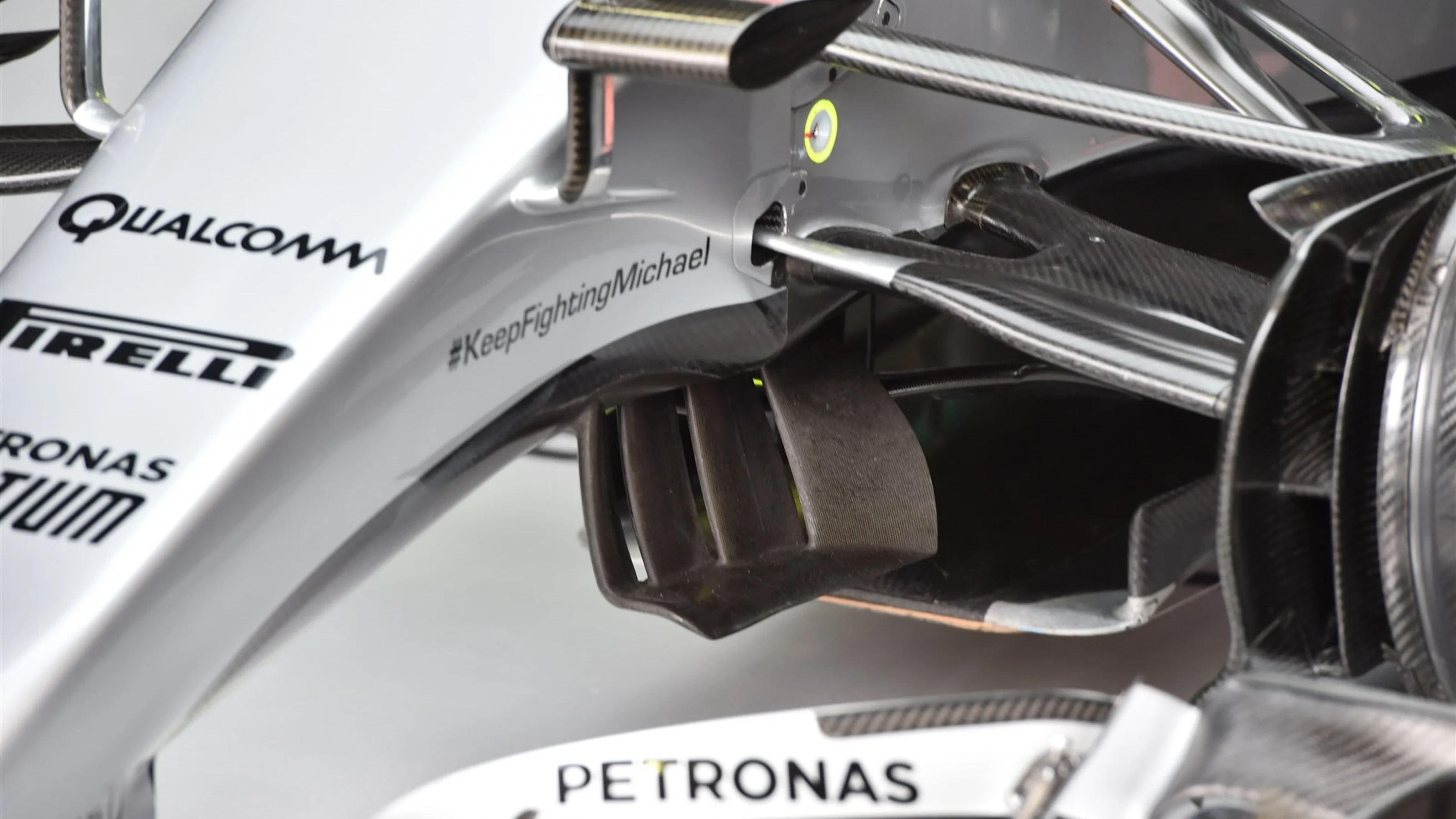 Mercedes AMG F1 W06 front suspension and aero detail at Formula One World Championship, Rd18,