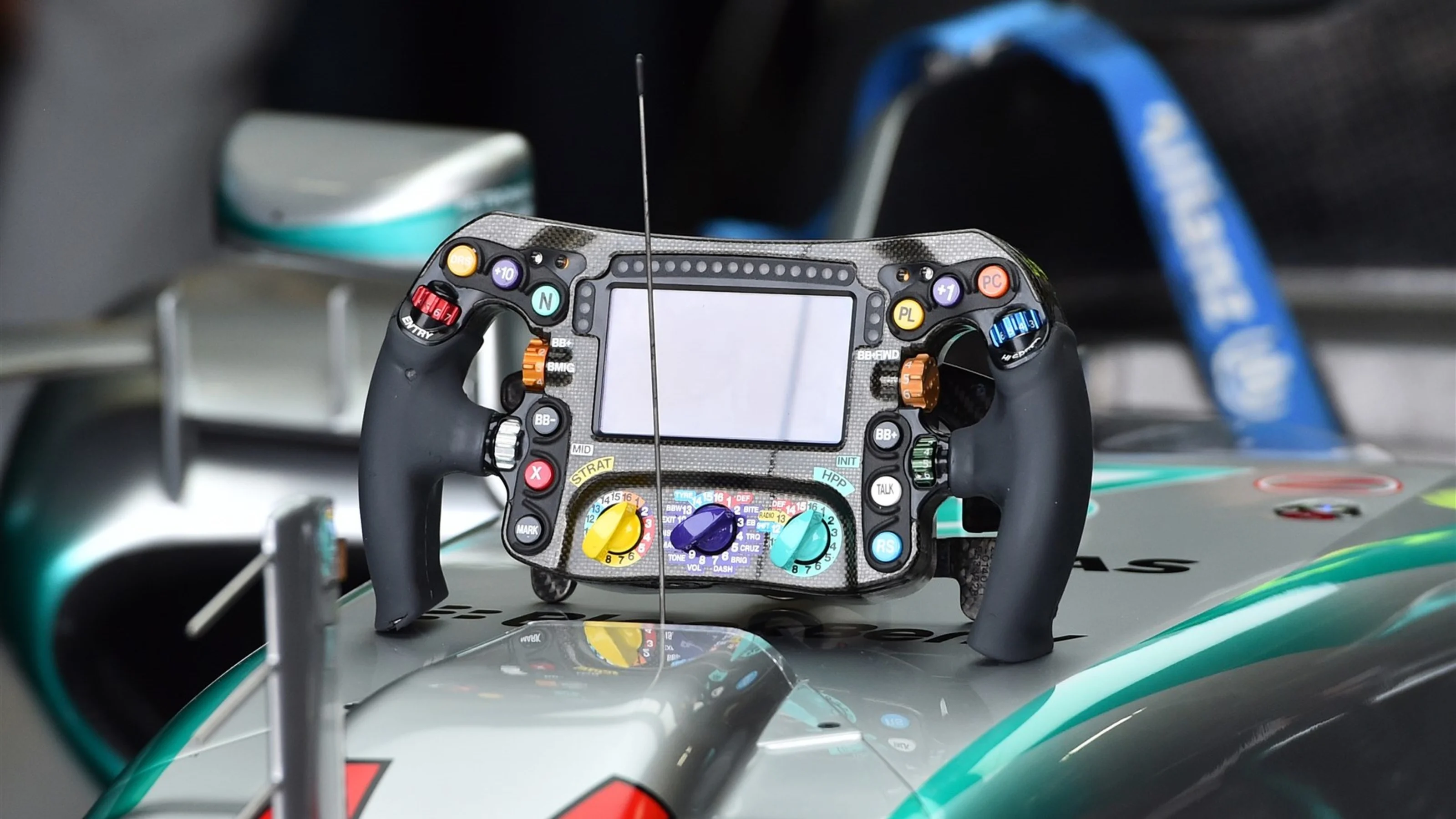 Mercedes AMG F1 W06 steering wheel at Formula One World Championship, Rd18, Brazilian Grand Prix,