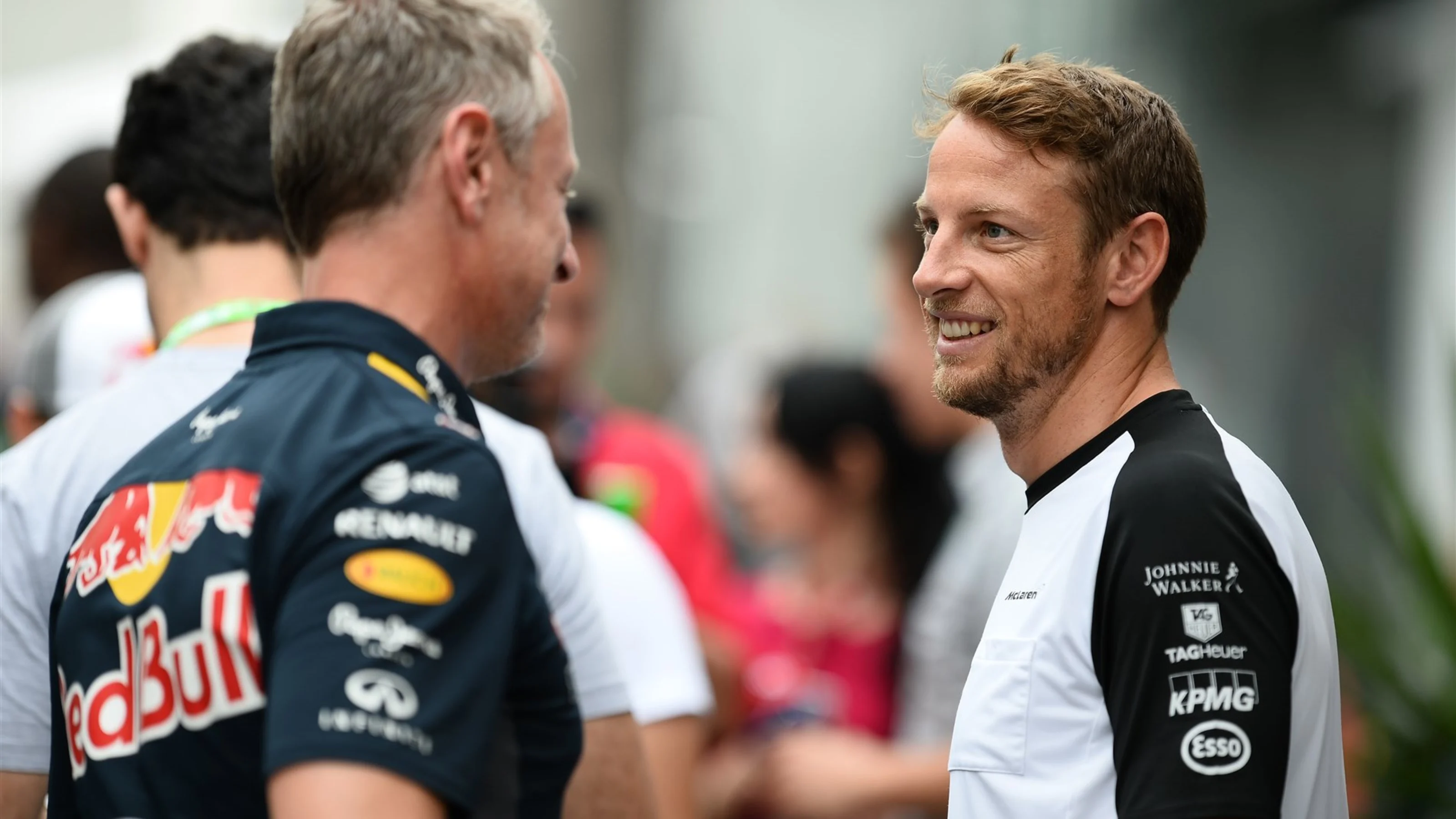 Jonathan Wheatley (GBR) Red Bull Racing Team Manager and Jenson Button (GBR) McLaren at Formula One