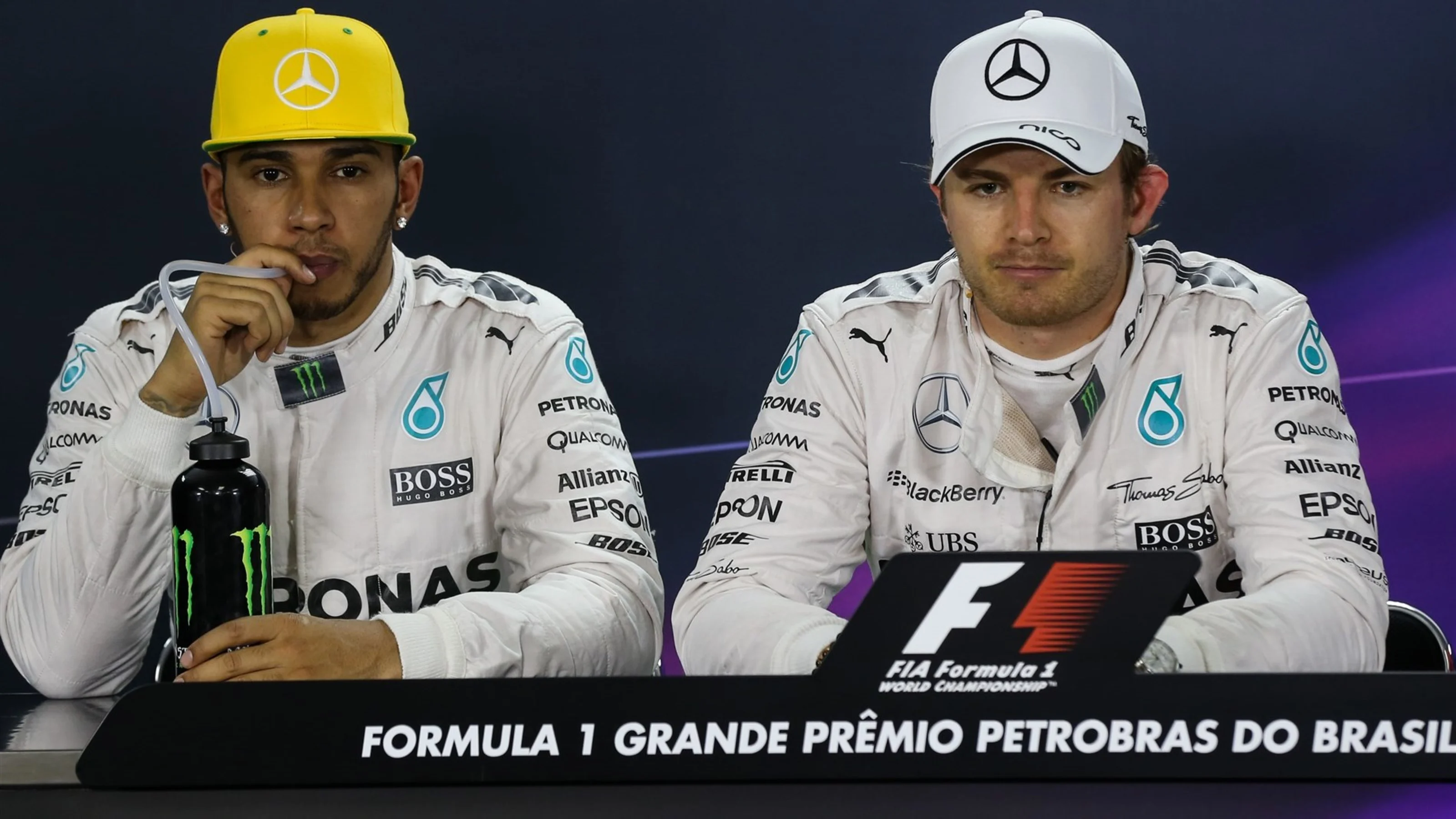 Lewis Hamilton (GBR) Mercedes AMG F1 and  pole sitter Nico Rosberg (GER) Mercedes AMG F1 in the