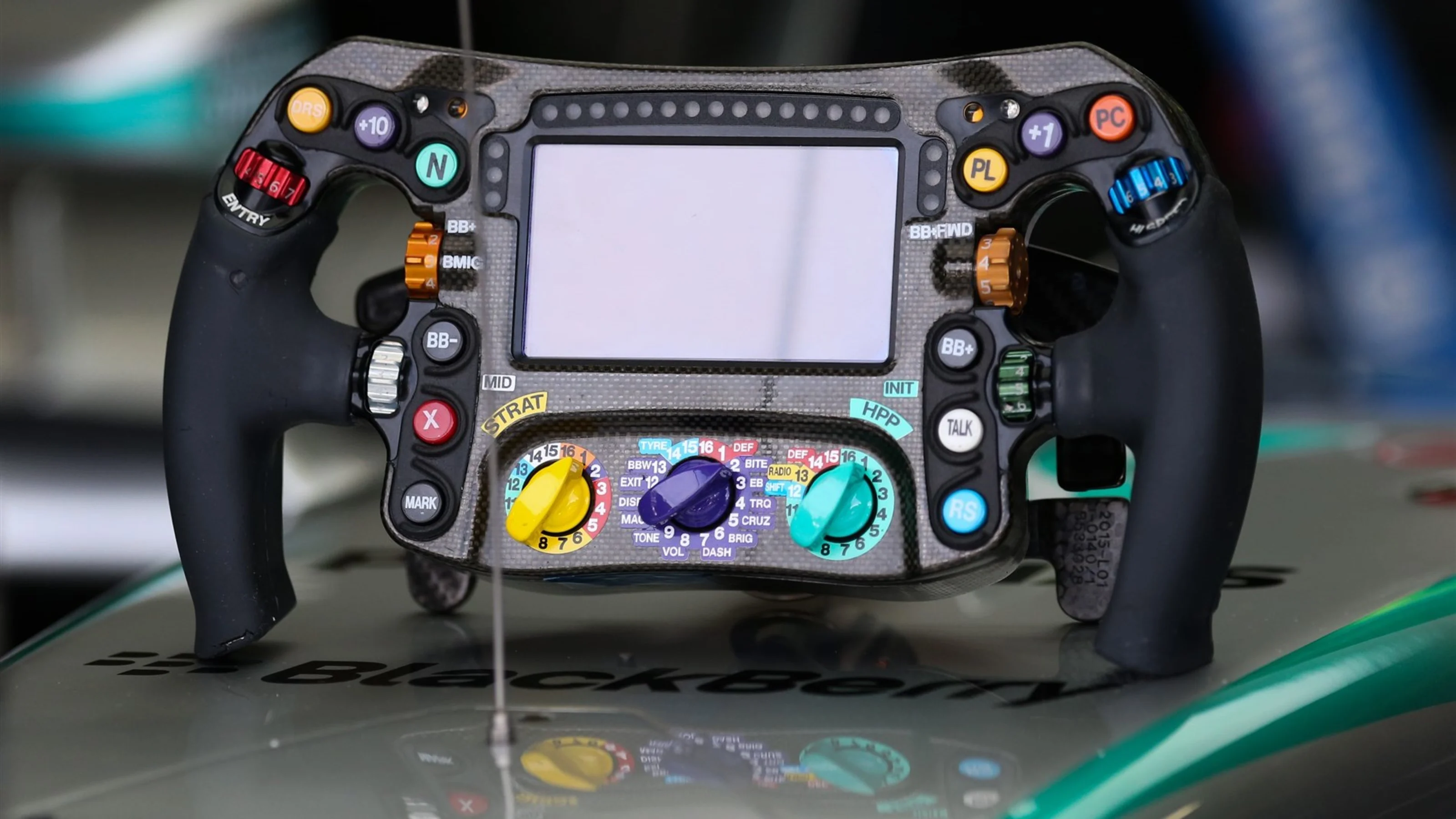 Mercedes AMG F1 W06 steering wheel detail at Formula One World Championship, Rd18, Brazilian Grand