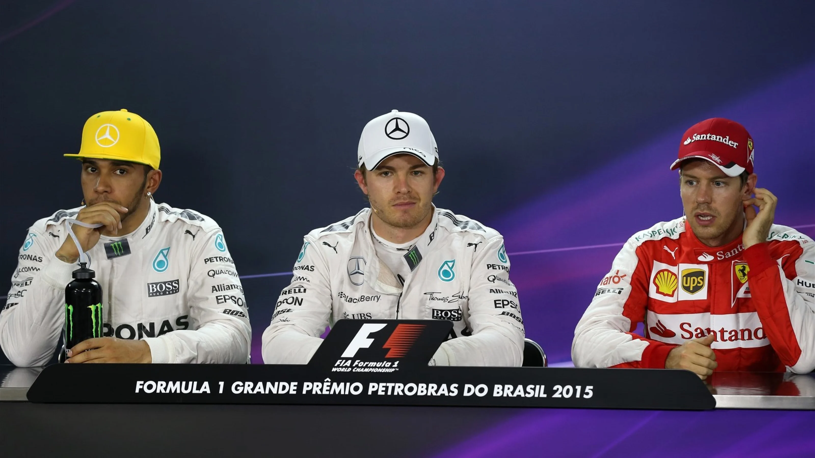 (L to R): Lewis Hamilton (GBR) Mercedes AMG F1, pole sitter Nico Rosberg (GER) Mercedes AMG F1 and