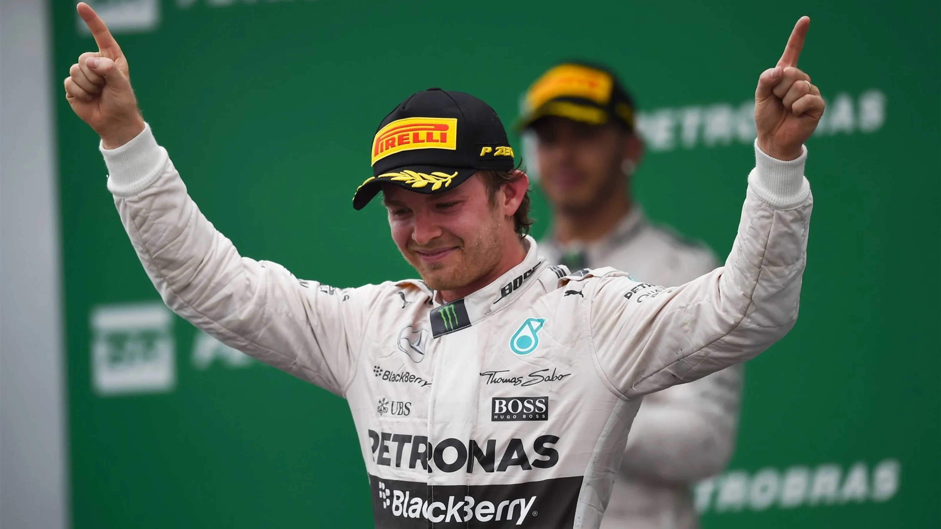 Race winner Nico Rosberg (GER) Mercedes AMG F1 celebrates on the podium at Formula One World