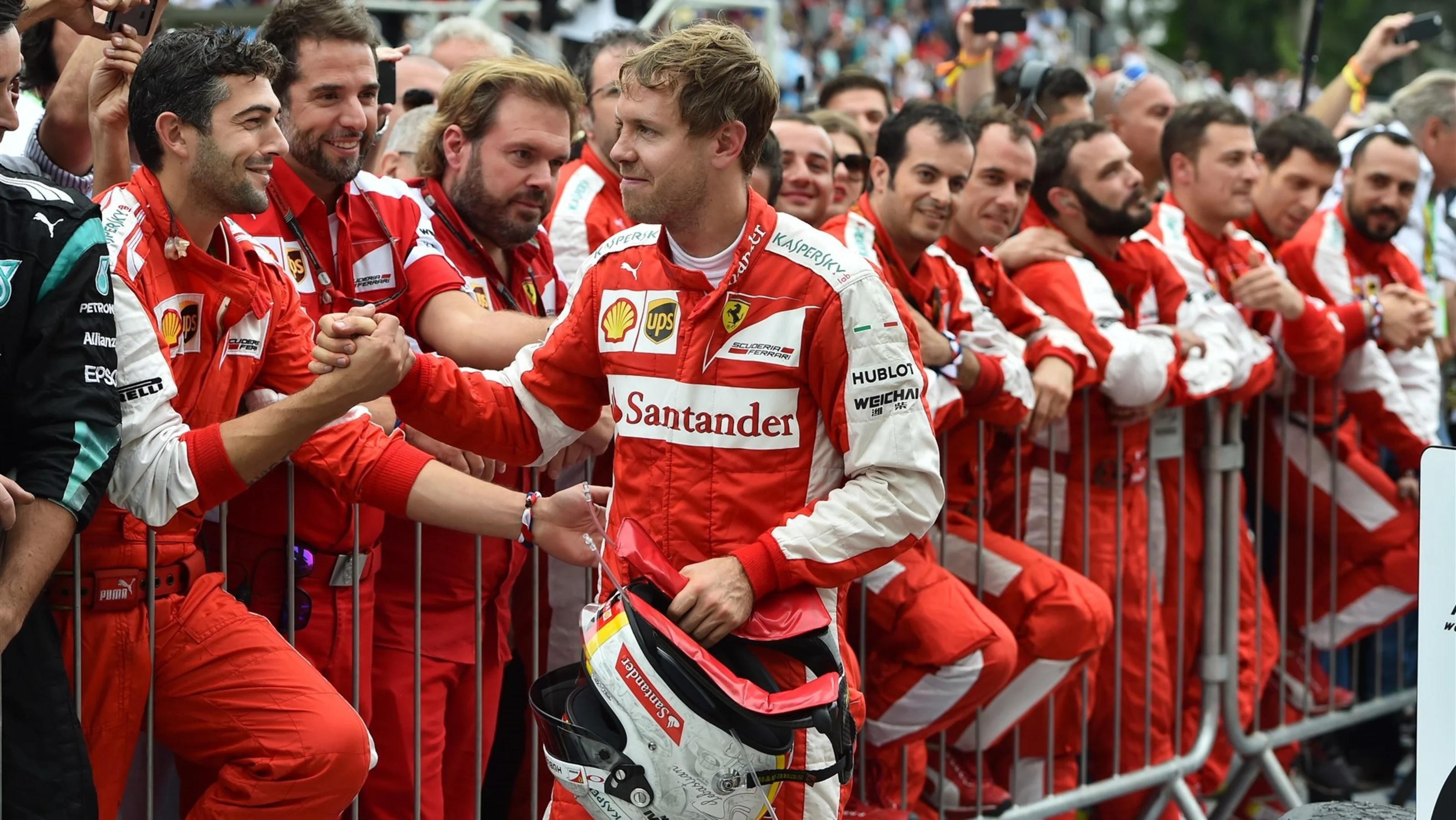 Sebastian Vettel (GER) Ferrari celebrates in parc ferme at Formula One World Championship, Rd18,