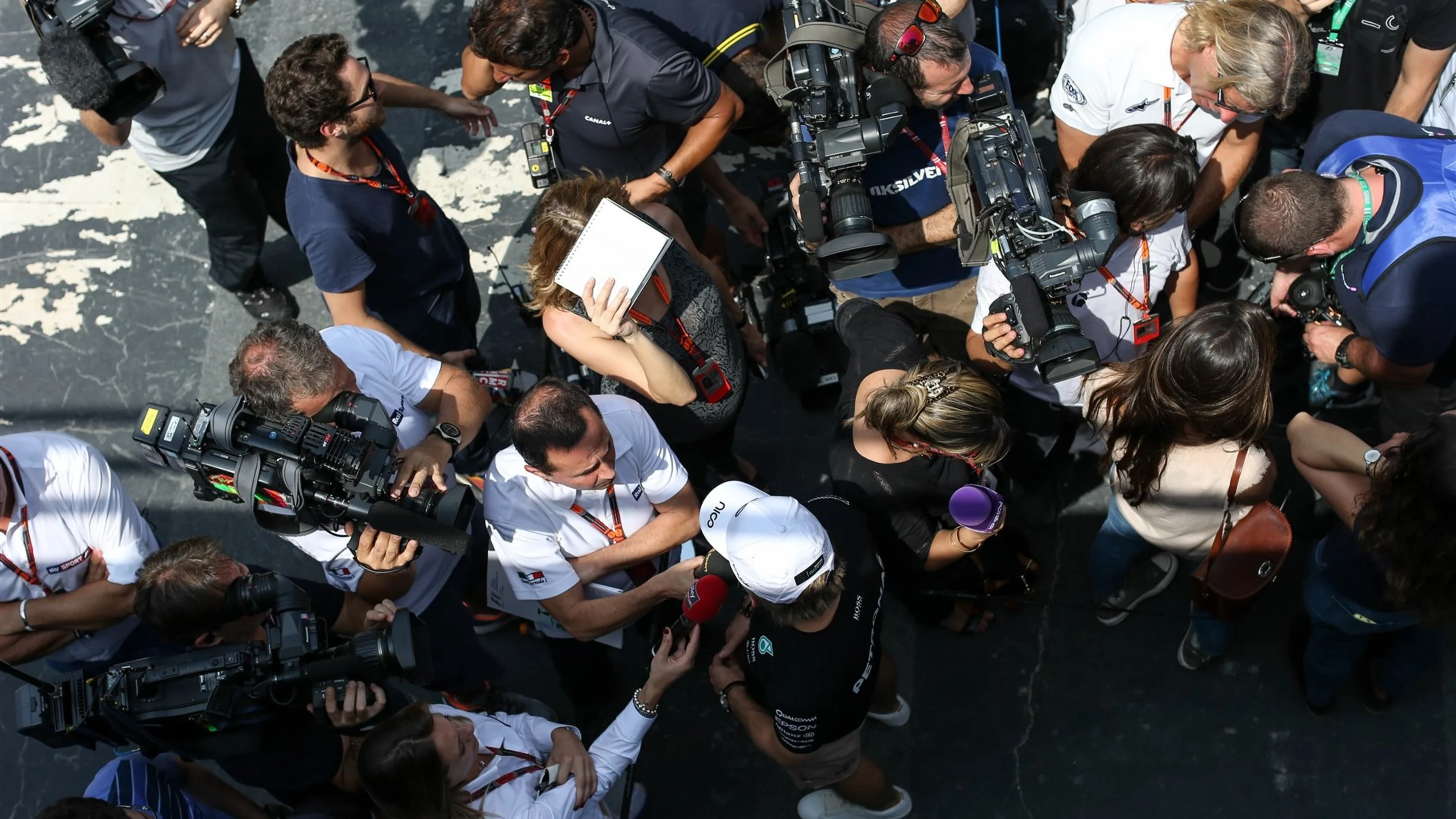 Nico Rosberg (GER) Mercedes AMG F1 talks with the media at Formula One World Championship, Rd18,