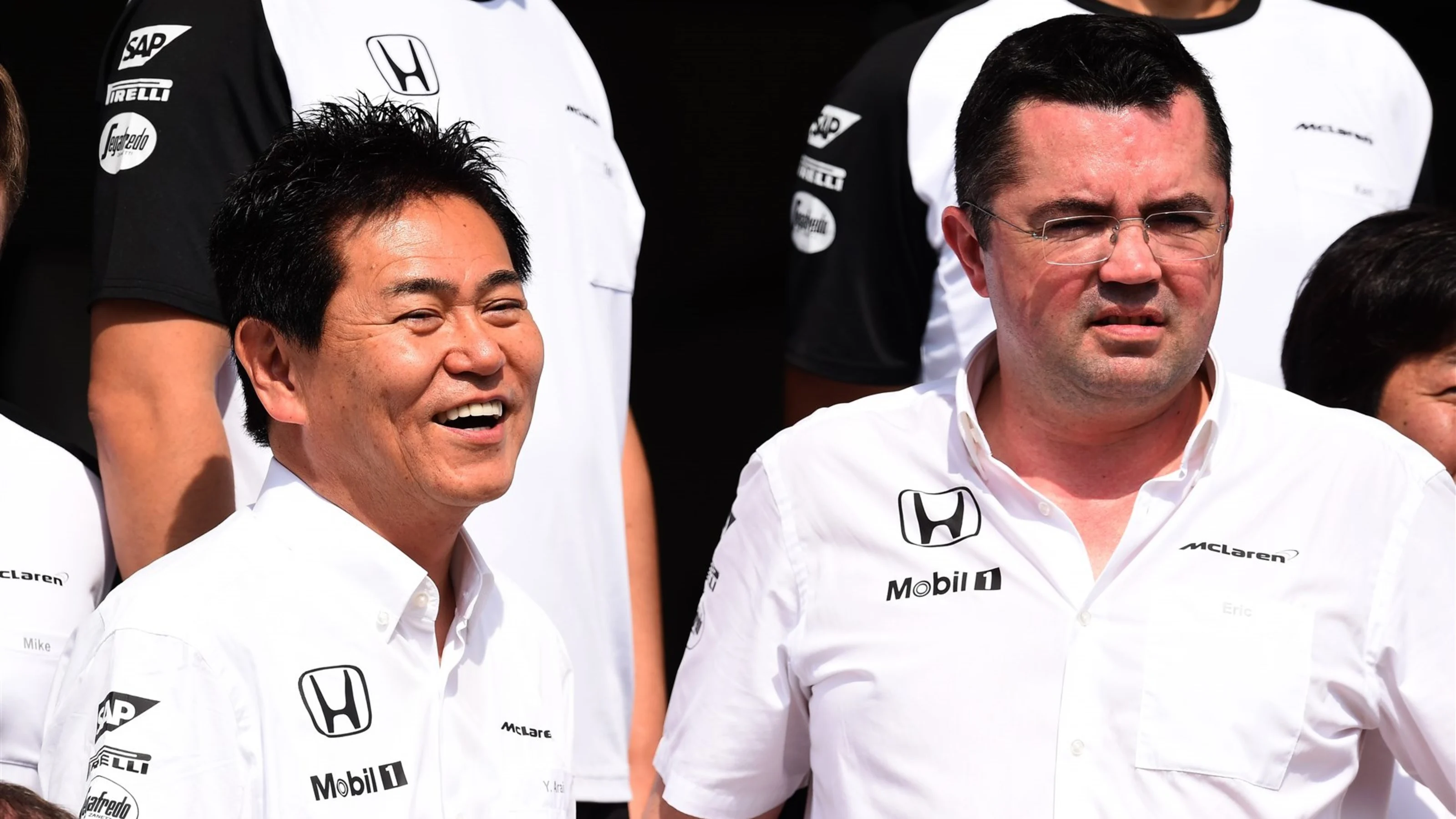 Yasuhisa Arai (JPN) Head of Honda Motorsport and Eric Boullier (FRA) McLaren Racing Director at