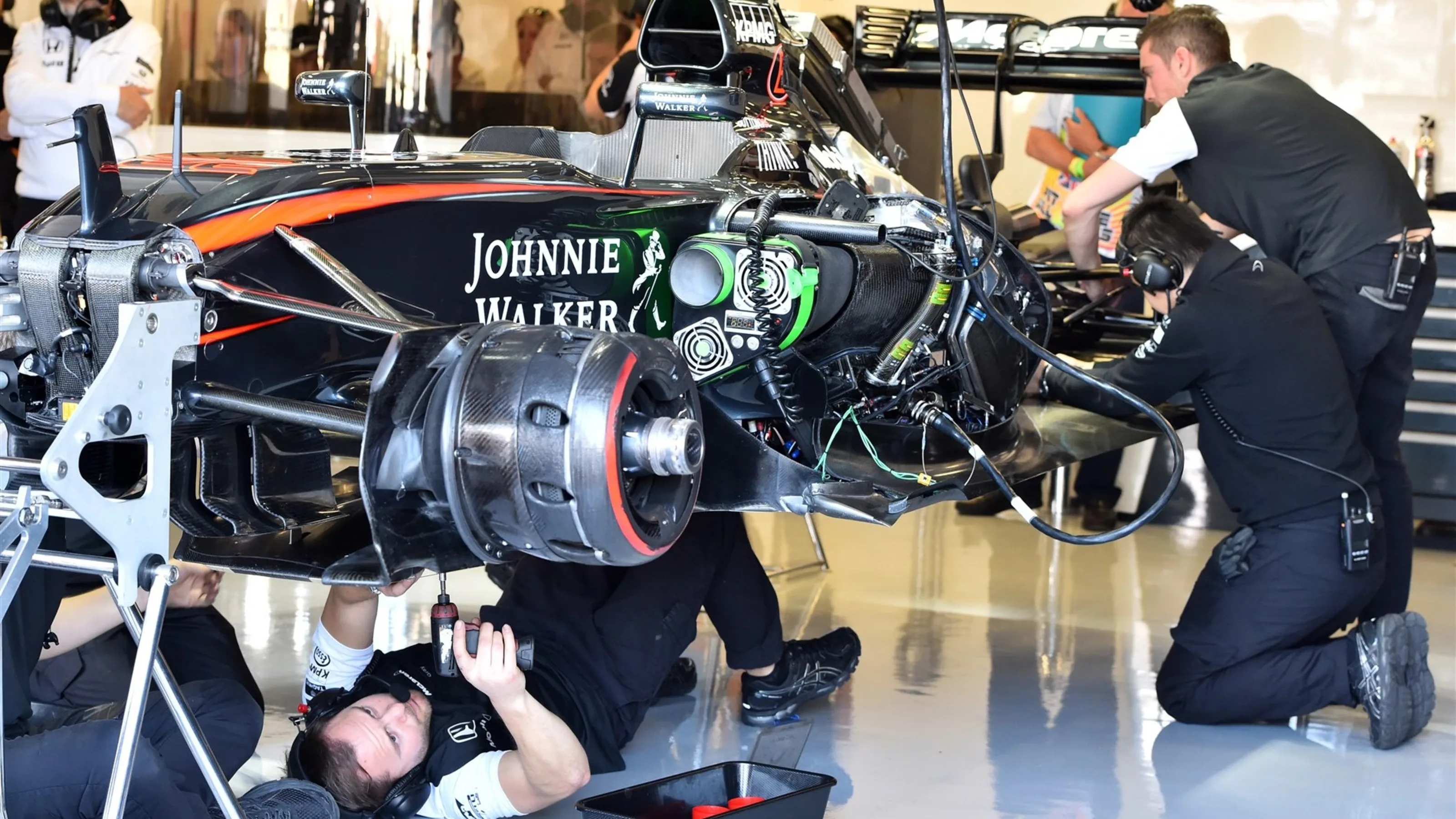 McLaren MP4-30 in the garage at Formula One World Championship, Rd9, British Grand Prix, Practice,