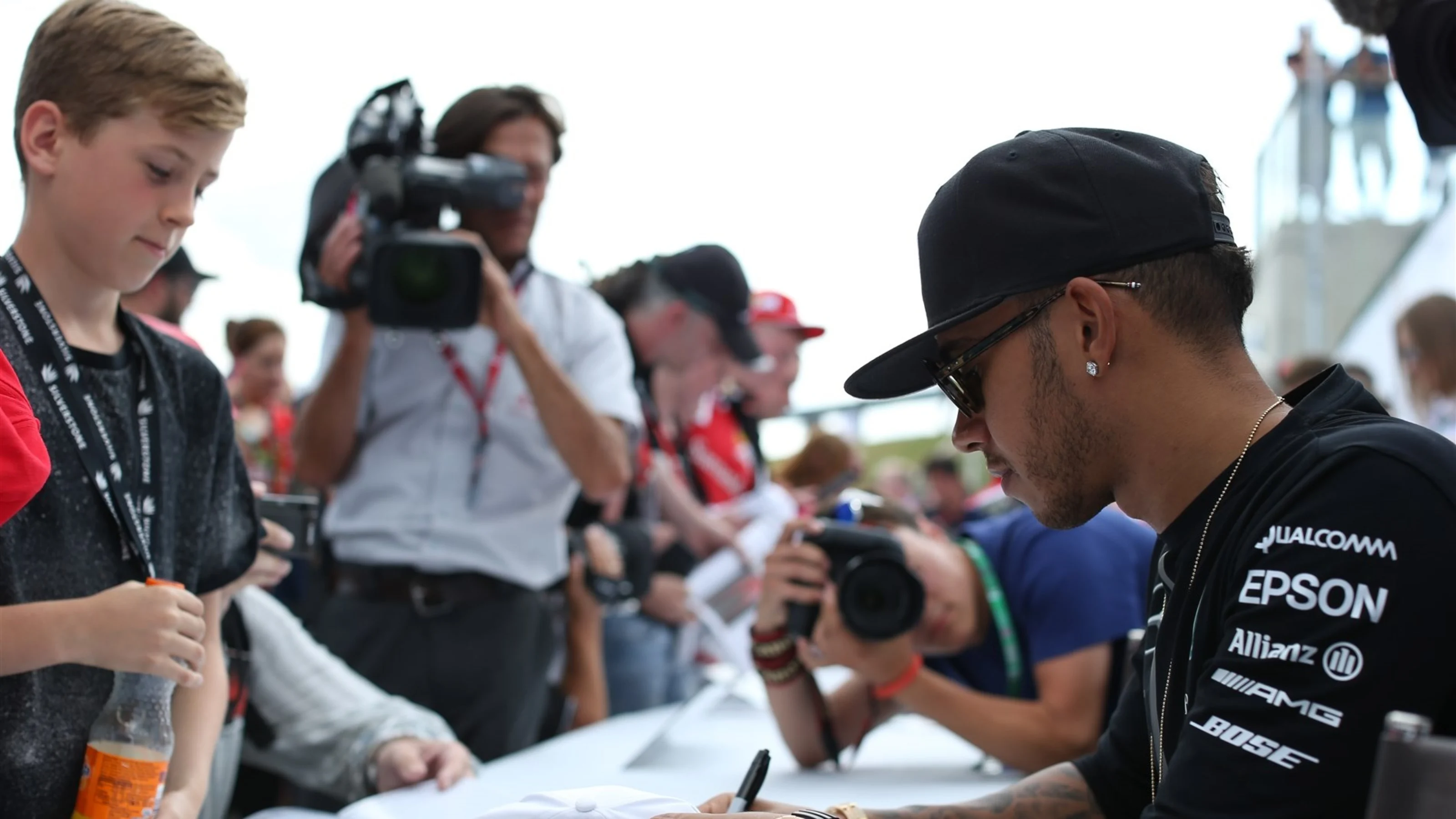 Lewis Hamilton (GBR) Mercedes AMG F1 at the drivers autograph session at Formula One World