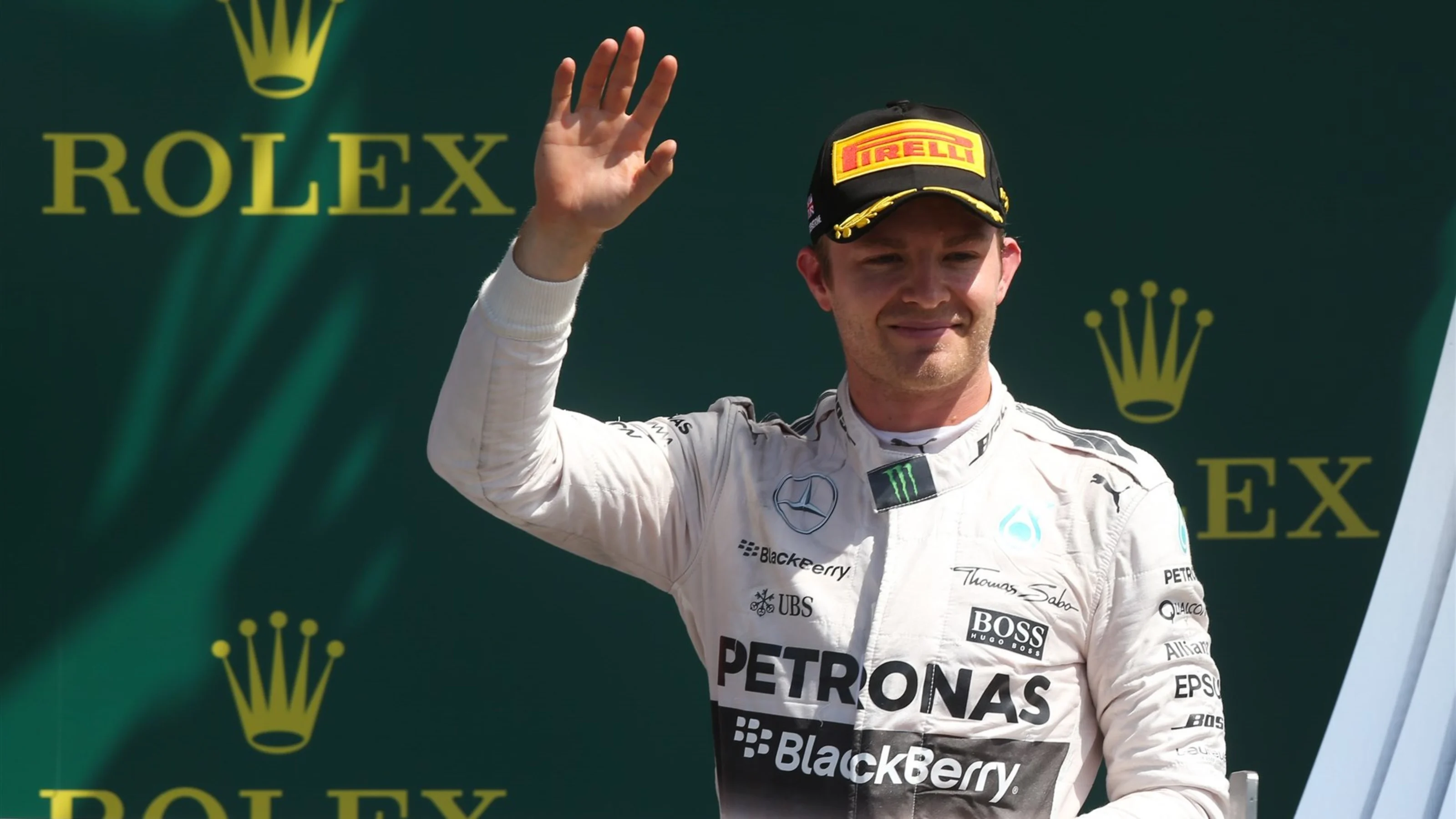 Nico Rosberg (GER) Mercedes AMG F1 celebrates on the podium at Formula One World Championship, Rd9,