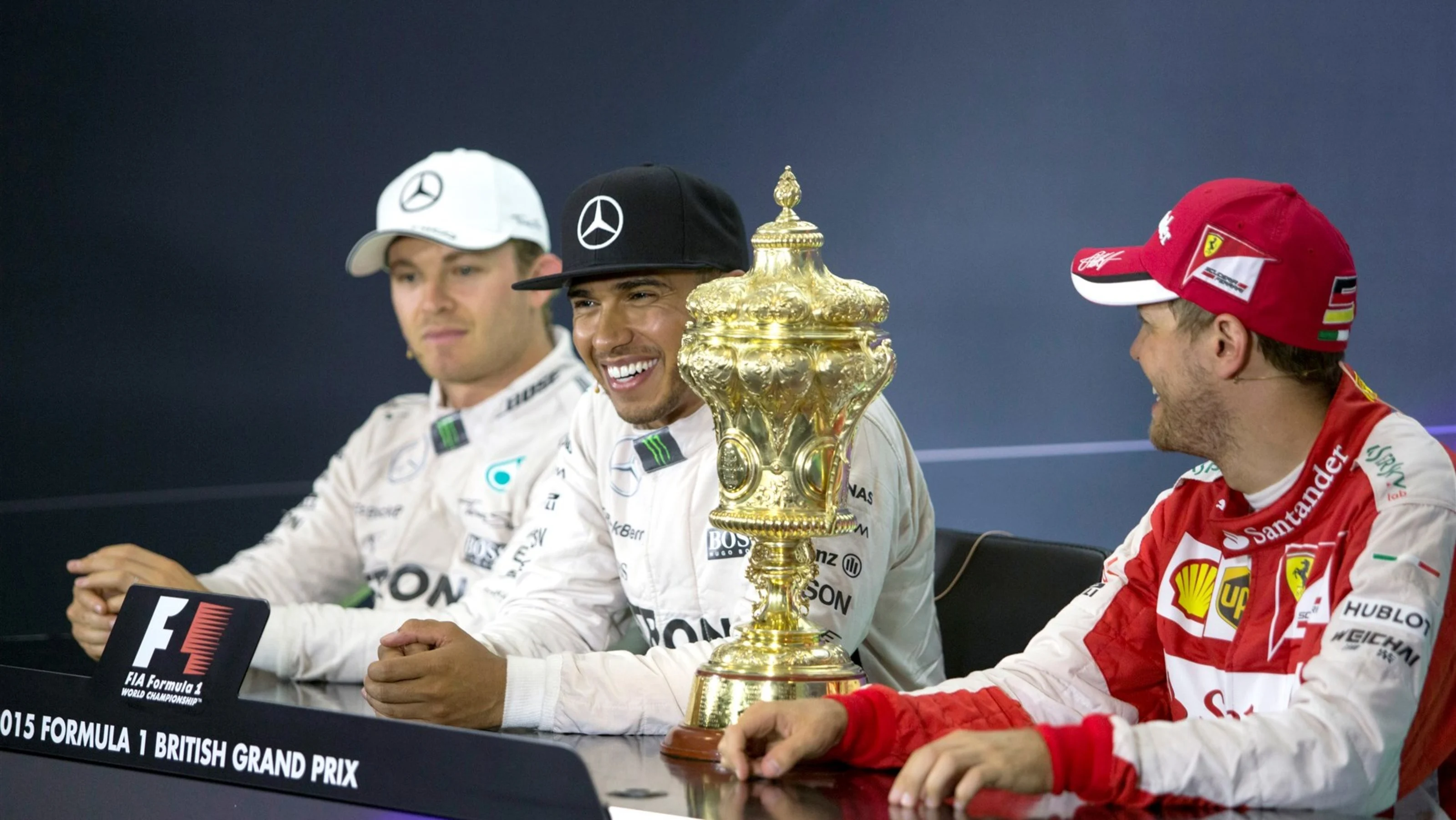 Nico Rosberg (GER) Mercedes AMG F1, Lewis Hamilton (GBR) Mercedes AMG F1 and Sebastian Vettel (GER)
