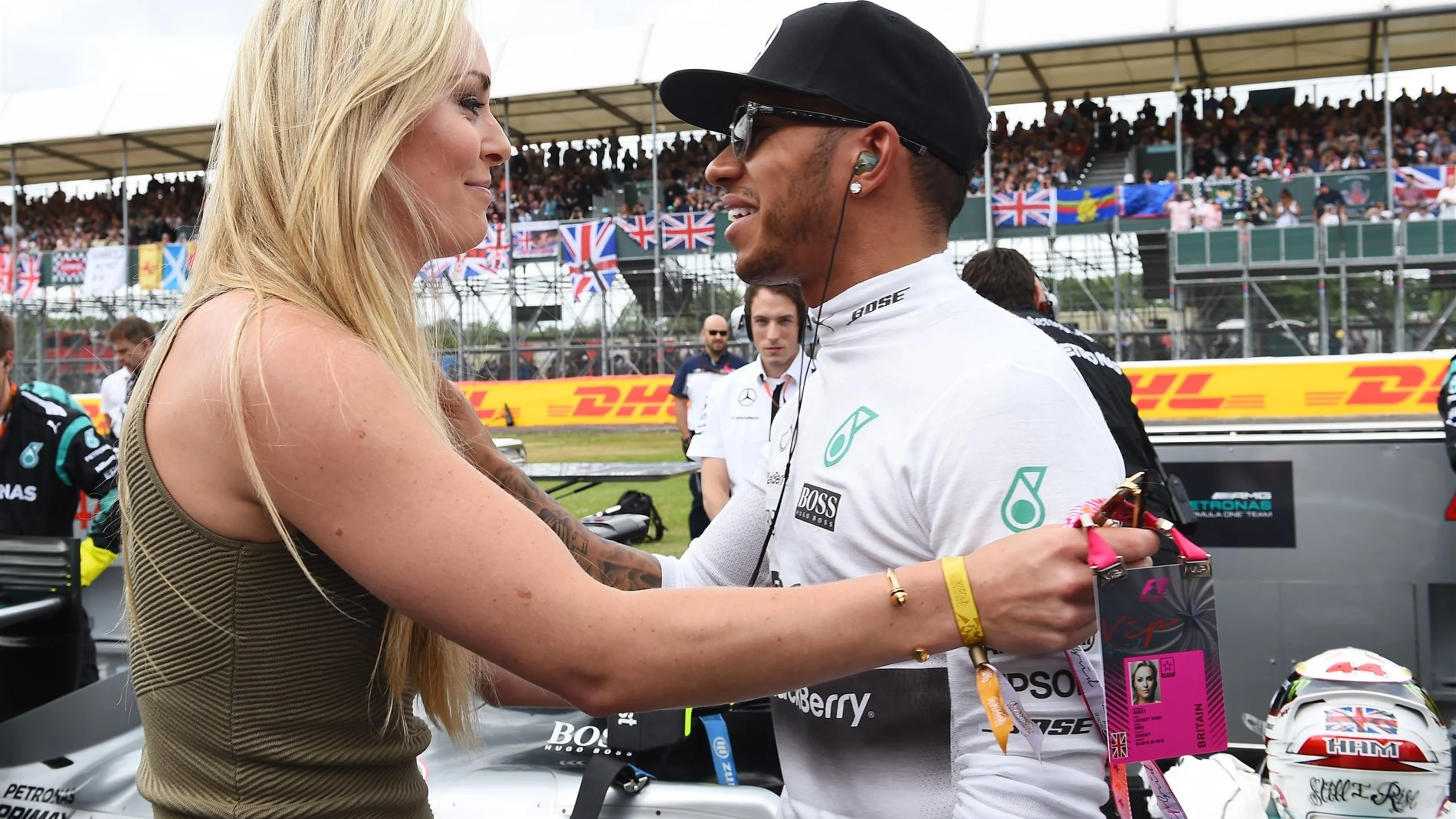 Lewis Hamilton (GBR) Mercedes AMG F1 with Lindsey Vonn (USA) Alpine Ski Racer at Formula One World