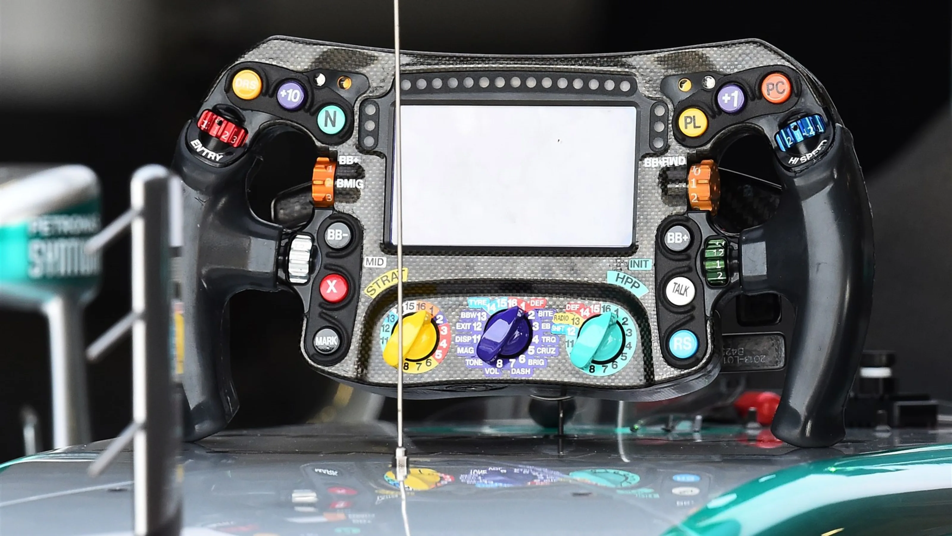 Mercedes AMG F1 W06 stearing wheel detail at Formula One World Championship, Rd9, British Grand