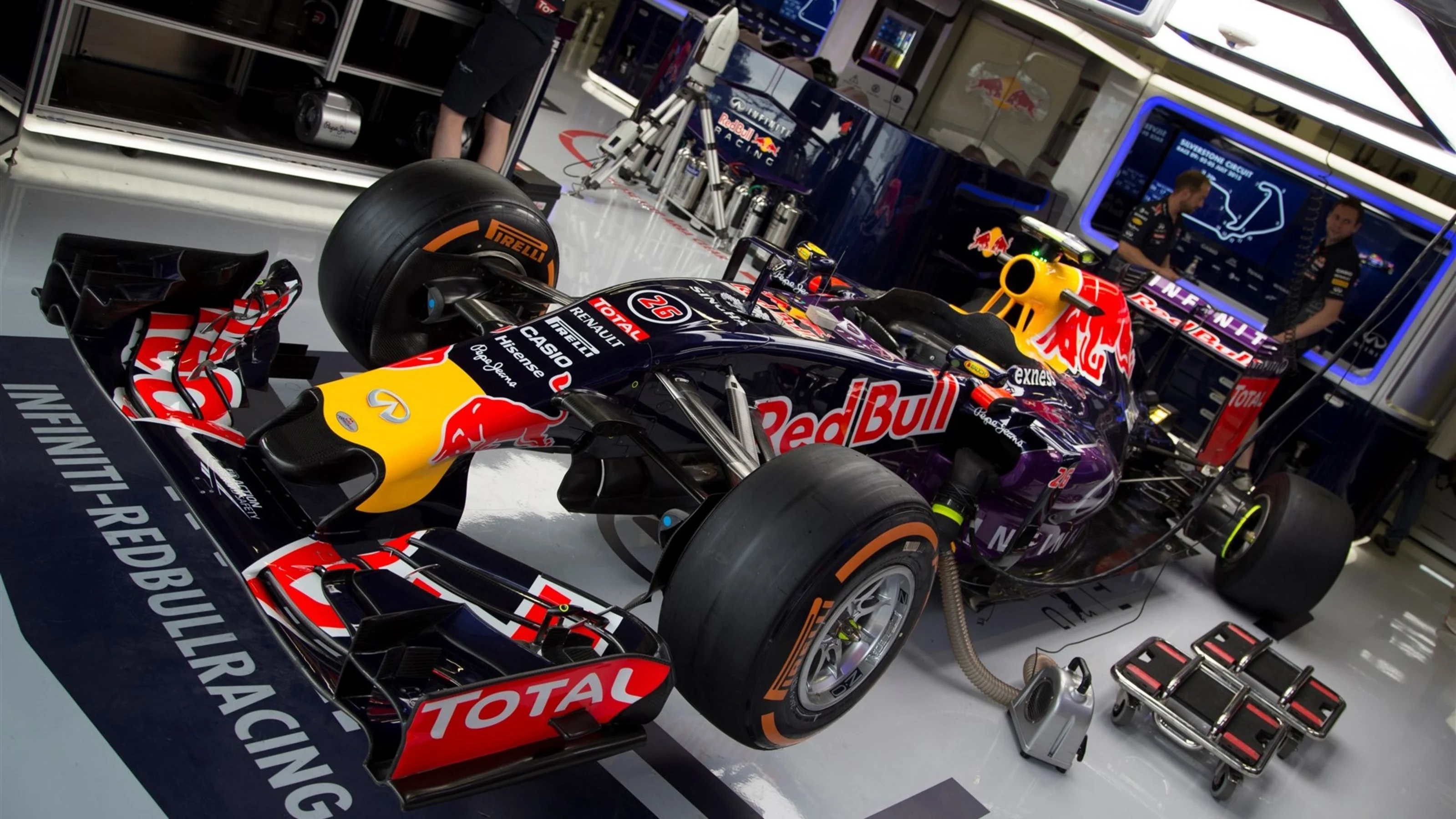 Red Bull Racing RB11 in the garage at Formula One World Championship, Rd9, British Grand Prix,
