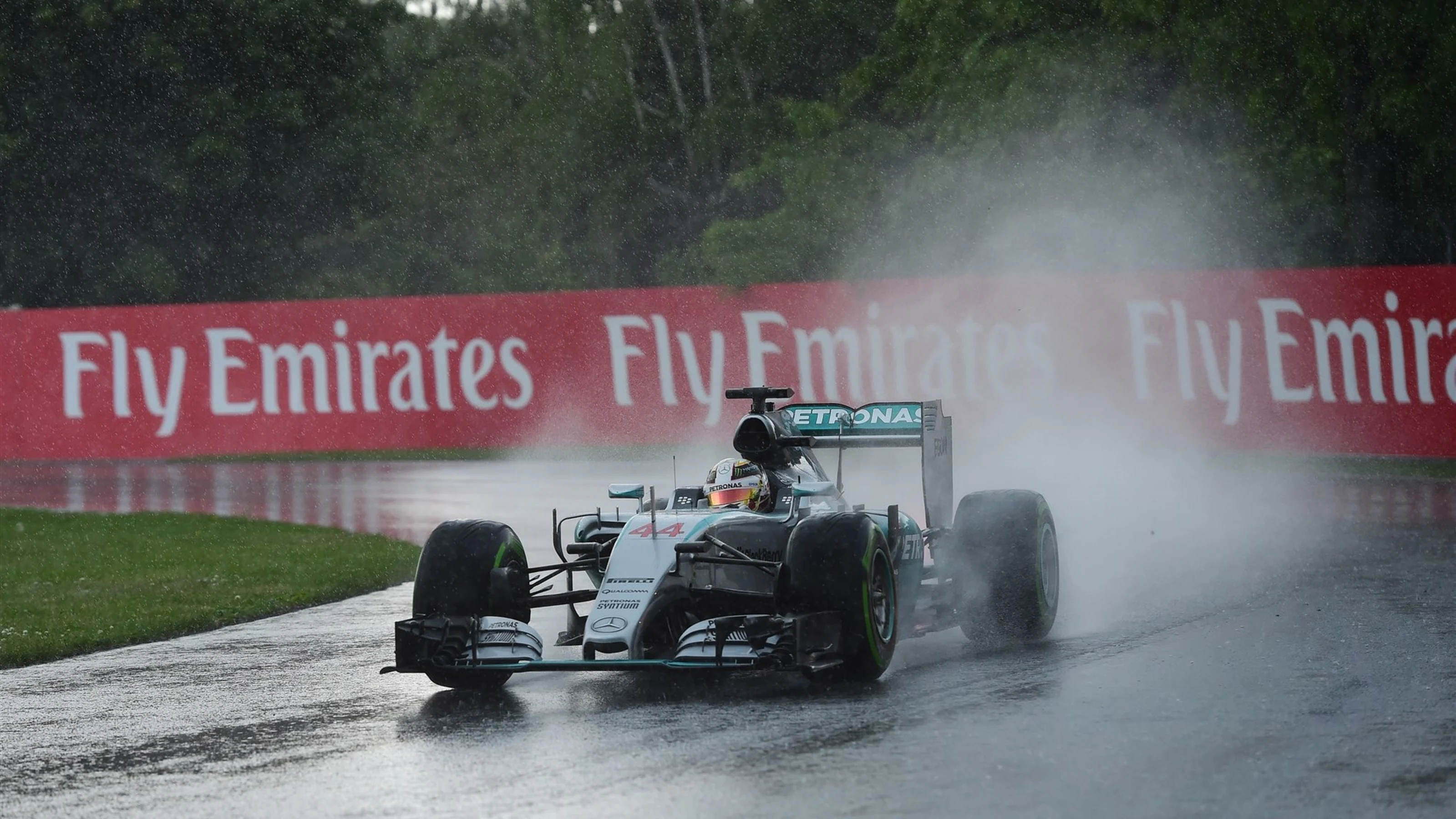 Lewis Hamilton (GBR) Mercedes AMG F1 W06 in the wet conditions on intermediate tyres at Formula One