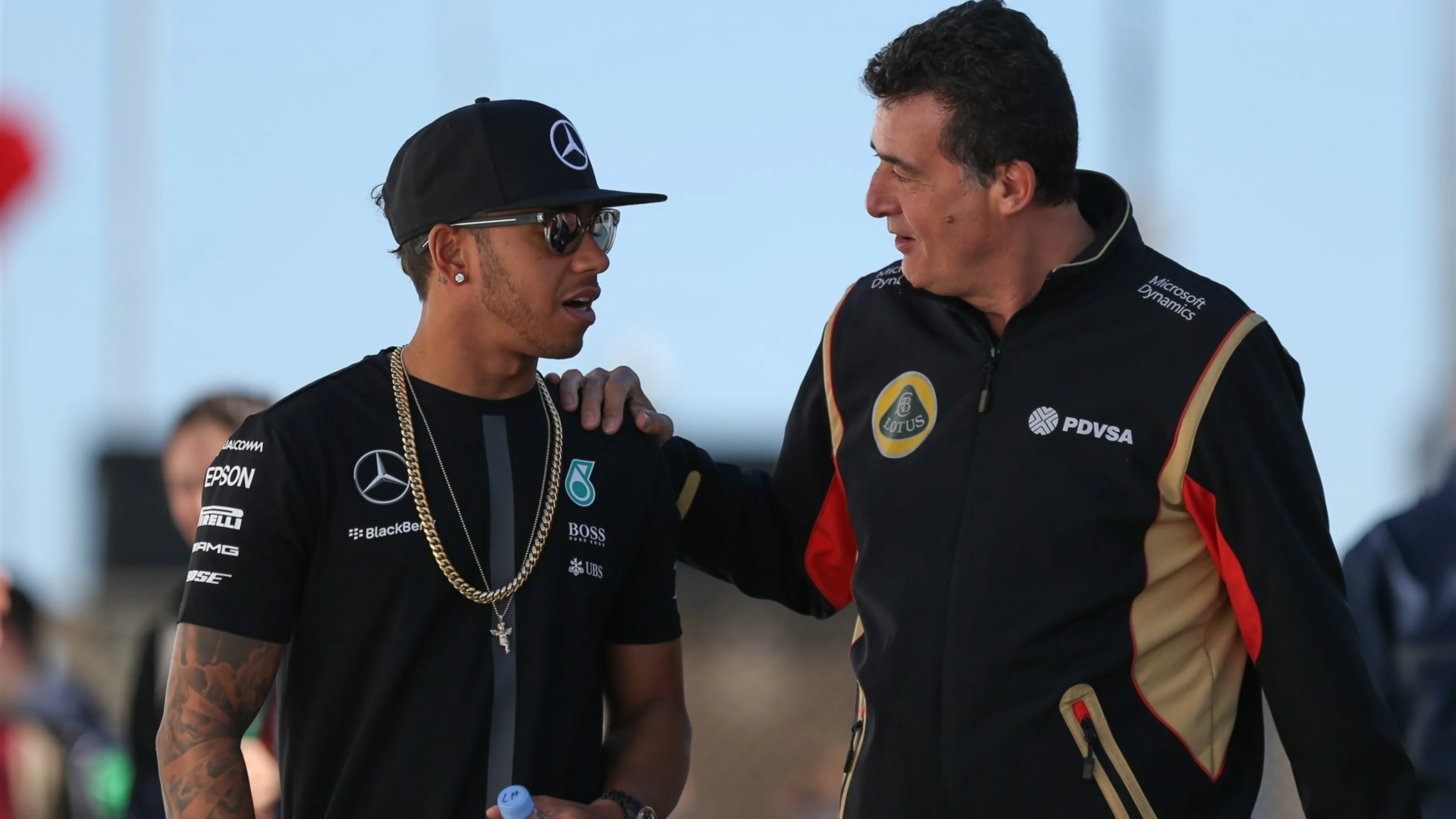 Lewis Hamilton (GBR) Mercedes AMG F1 and Federico Gastaldi (ARG) Lotus F1 Team Deputy Team