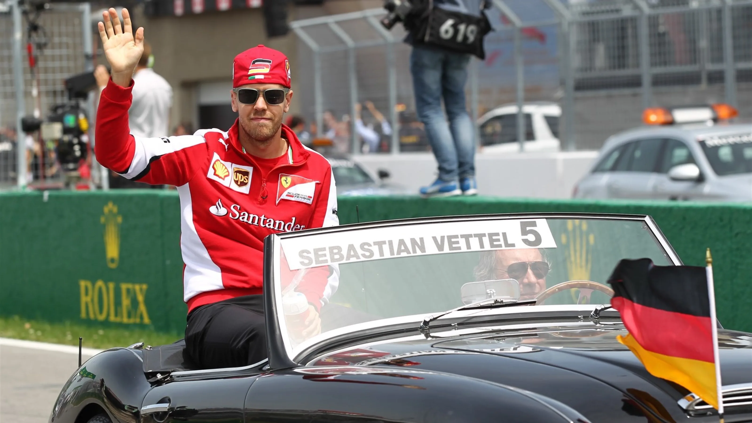 Sebastian Vettel (GER) Ferrari on the drivers parade at Formula One World Championship, Rd7,