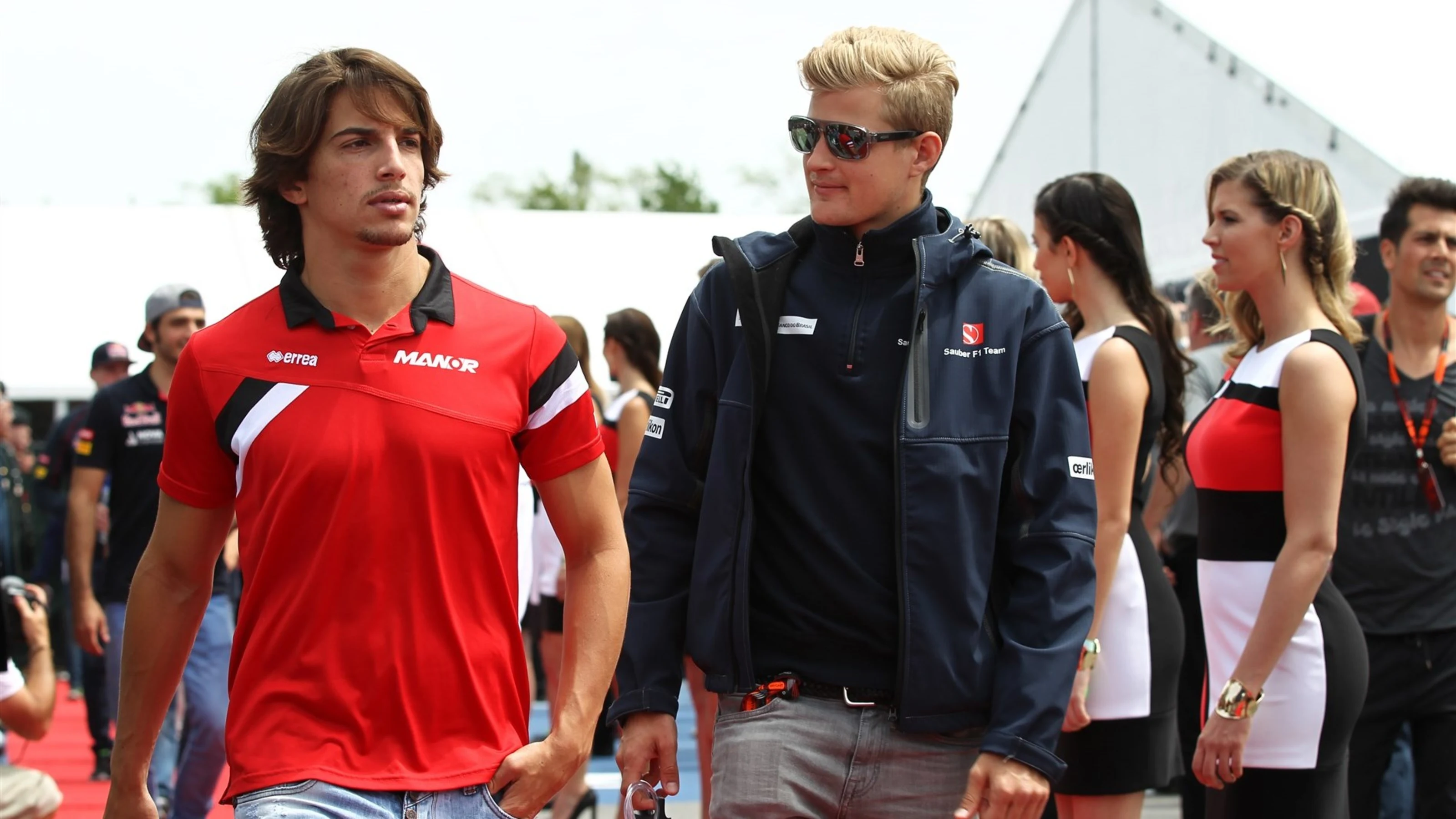 Roberto Merhi (ESP) Manor GP and Marcus Ericsson (SWE) Sauber on the drivers parade at Formula One