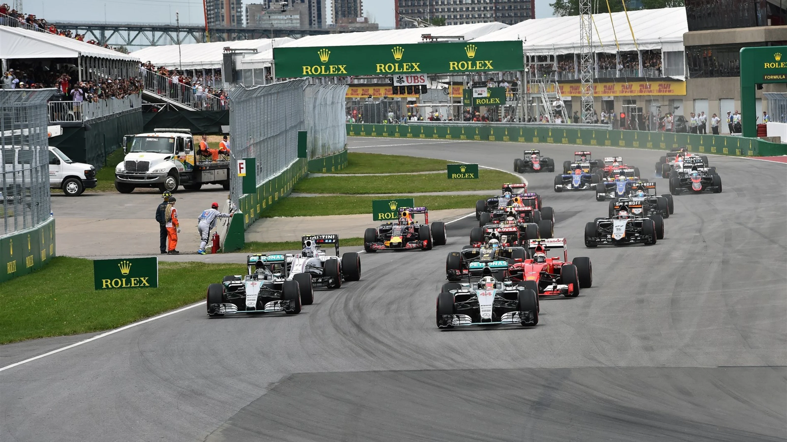 Lewis Hamilton (GBR) Mercedes AMG F1 W06 leads at the start of the race at Formula One World