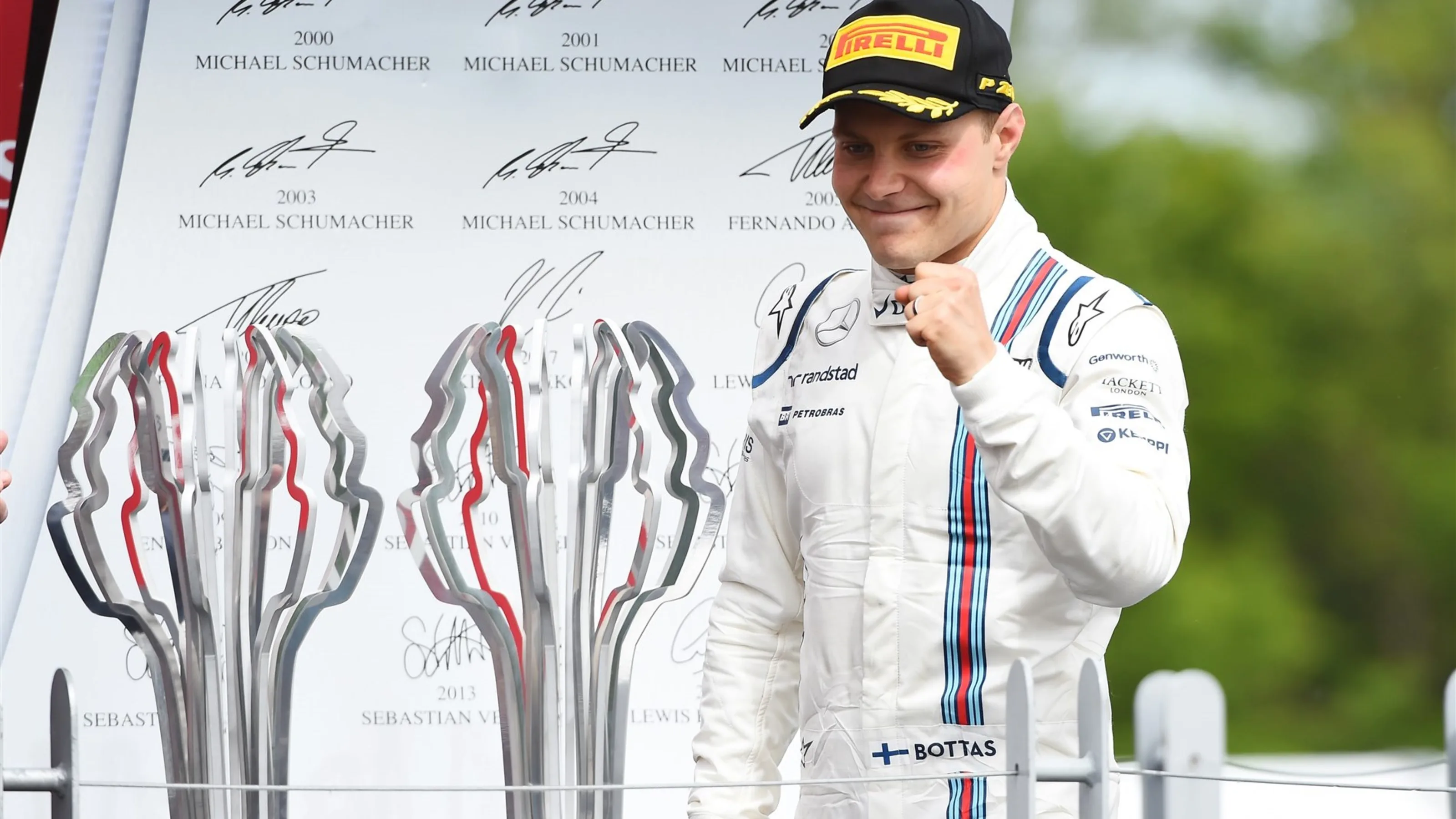 Valtteri Bottas (FIN) Williams celebrates on the podium at Formula One World Championship, Rd7,