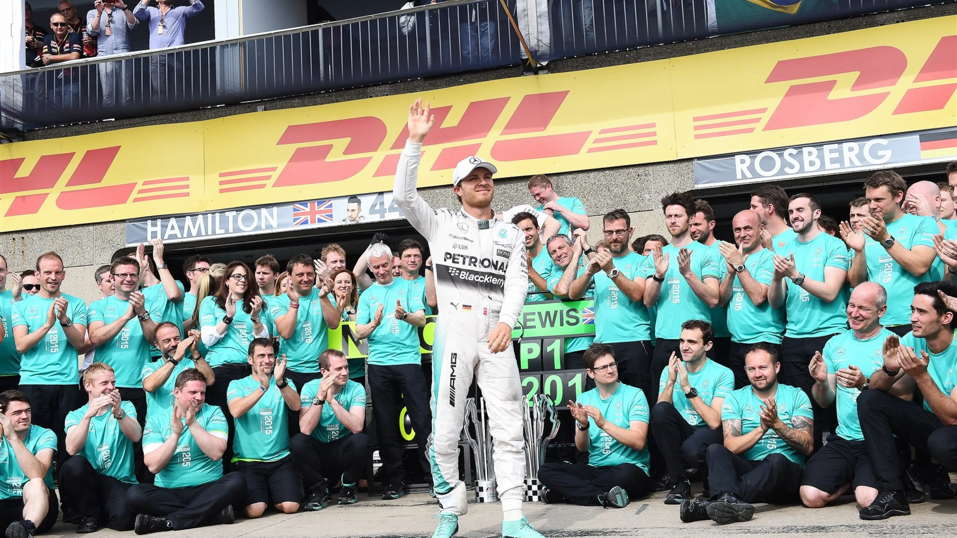 Second placed Nico Rosberg (GER) Mercedes AMG F1 celebrates with the team at Formula One World