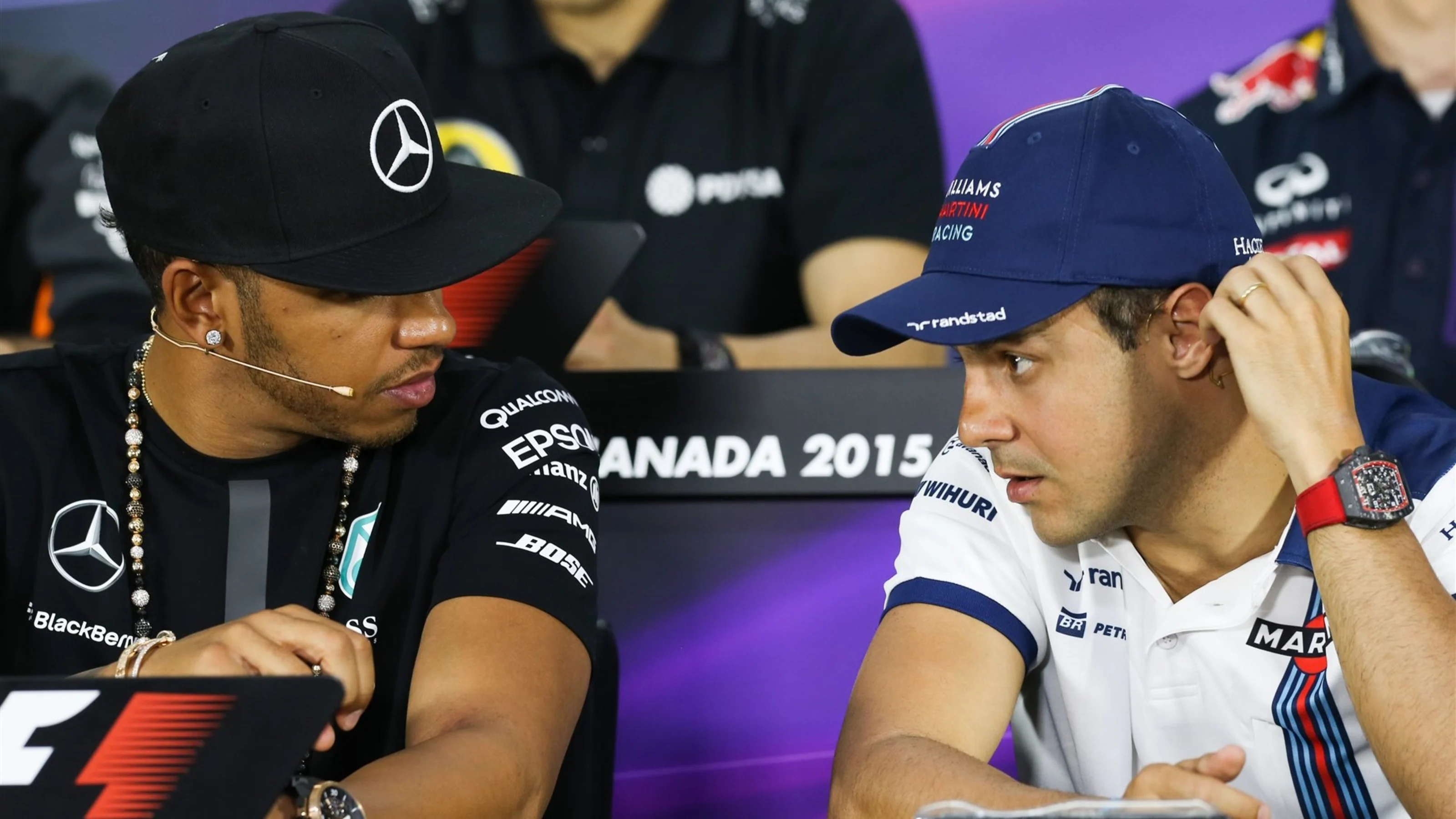 Lewis Hamilton (GBR) Mercedes AMG F1 and Felipe Massa (BRA) Williamsat the Press Confernece at