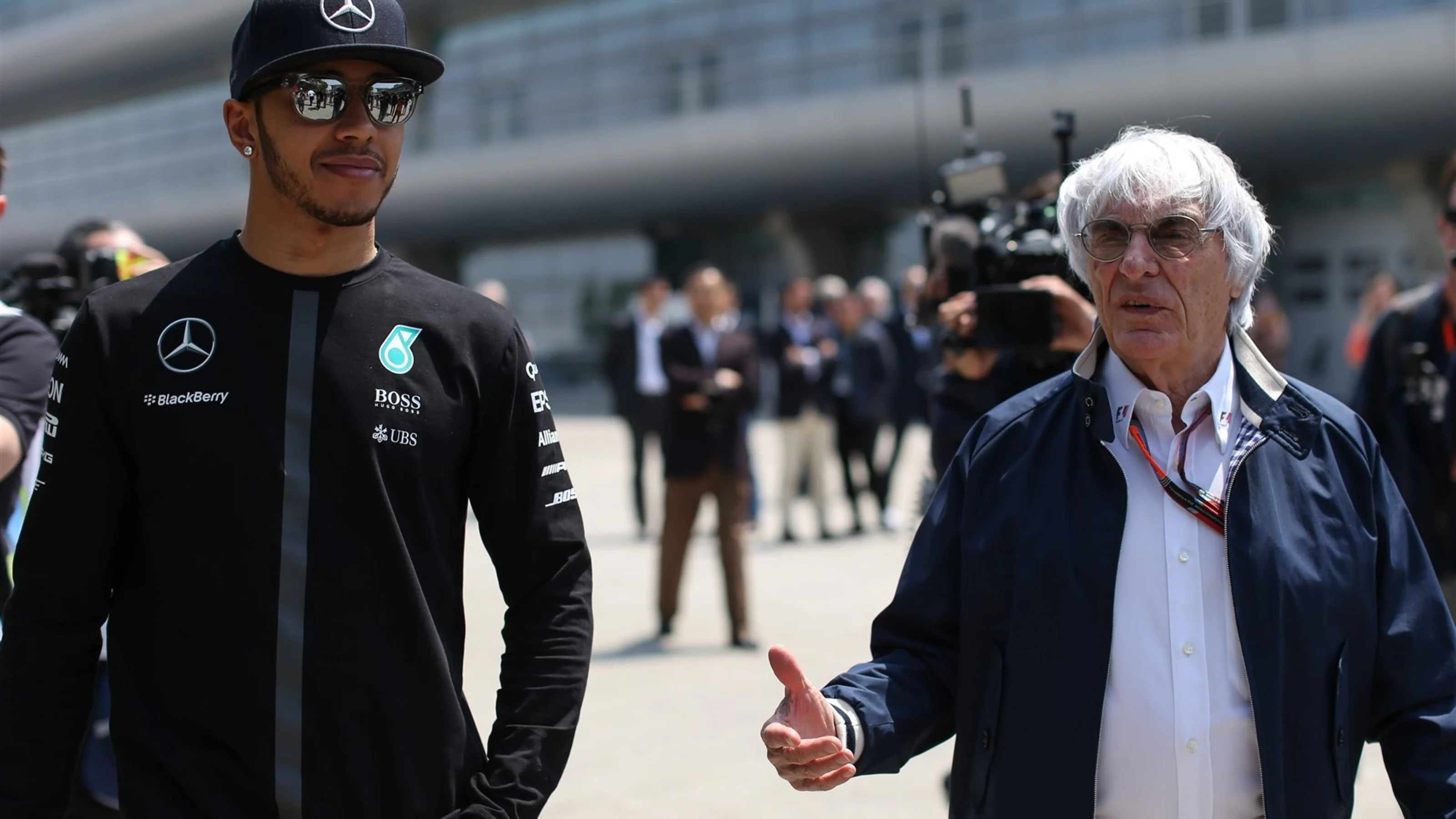 Lewis Hamilton (GBR) Mercedes AMG F1 and Bernie Ecclestone (GBR) CEO Formula One Group (FOM) at