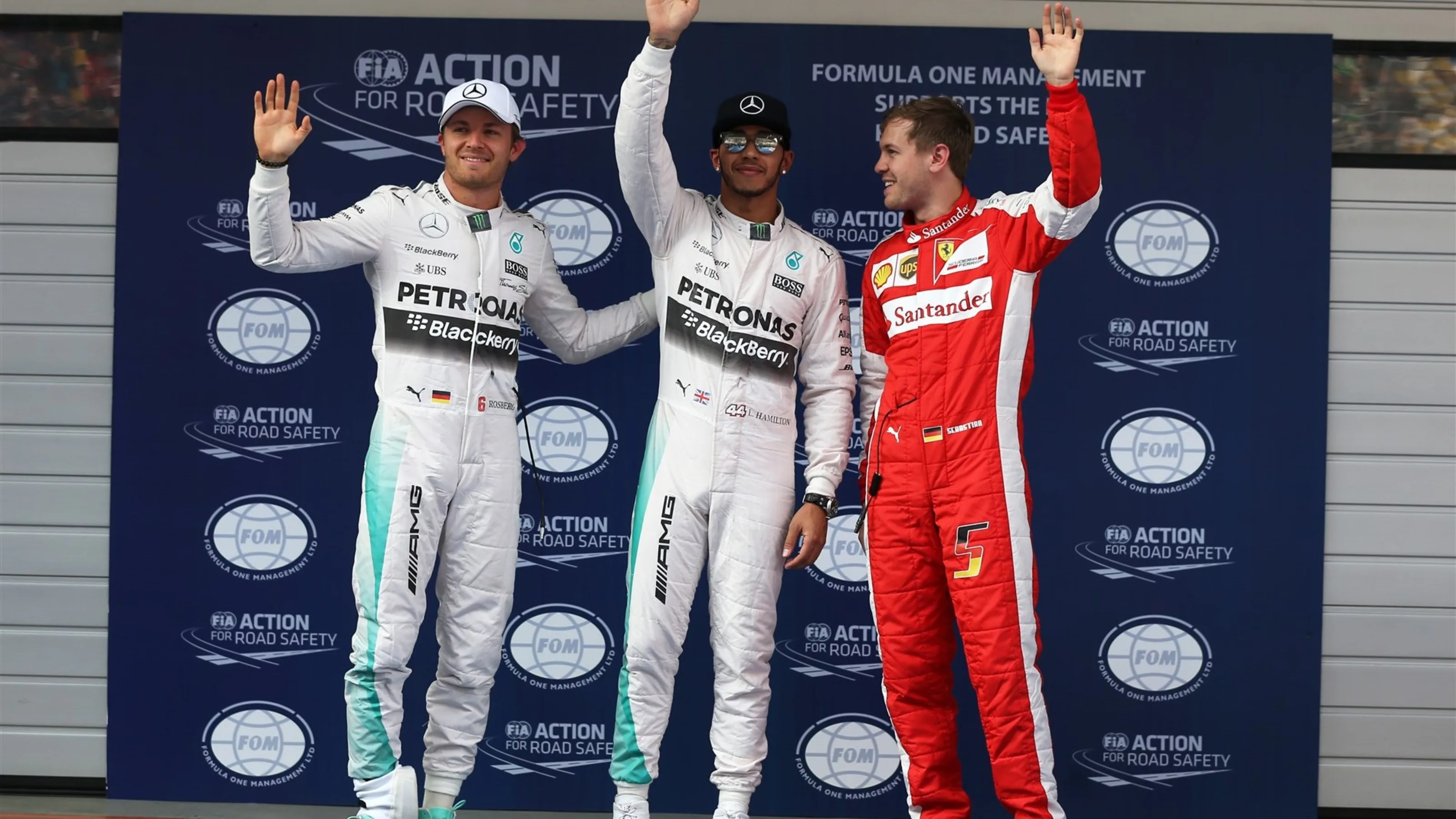 (L to R): Nico Rosberg (GER) Mercedes AMG F1 , pole sitter Lewis Hamilton (GBR) Mercedes AMG F1 and