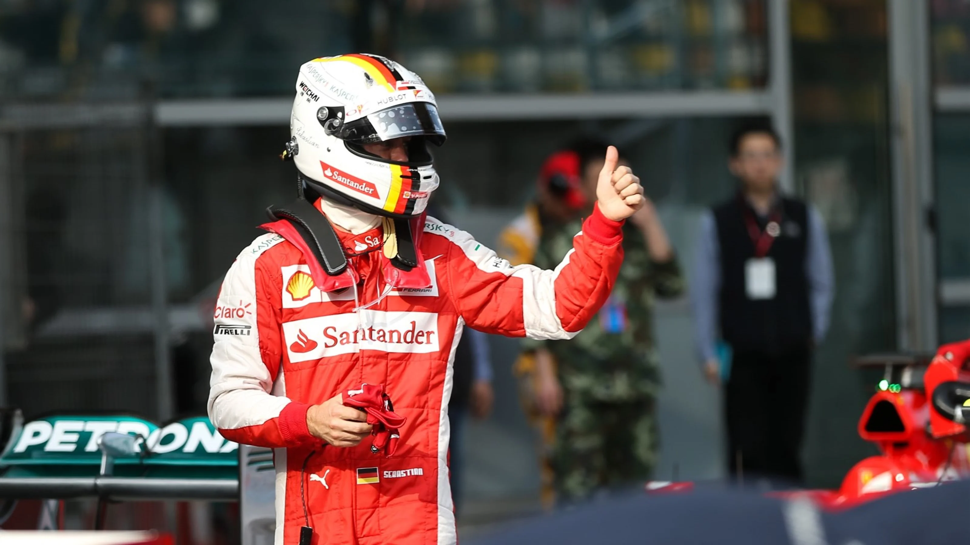 Sebastian Vettel (GER) Ferrari (3rd placed) celebrates in parc ferme at Formula One World