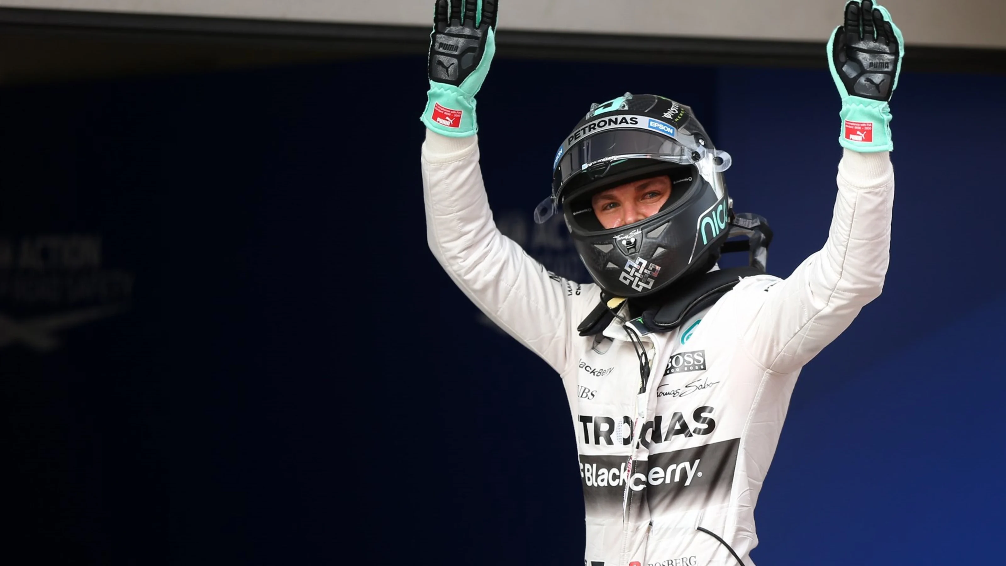 Nico Rosberg (GER) Mercedes AMG F1 (2nd placed) celebrates in parc ferme at Formula One World